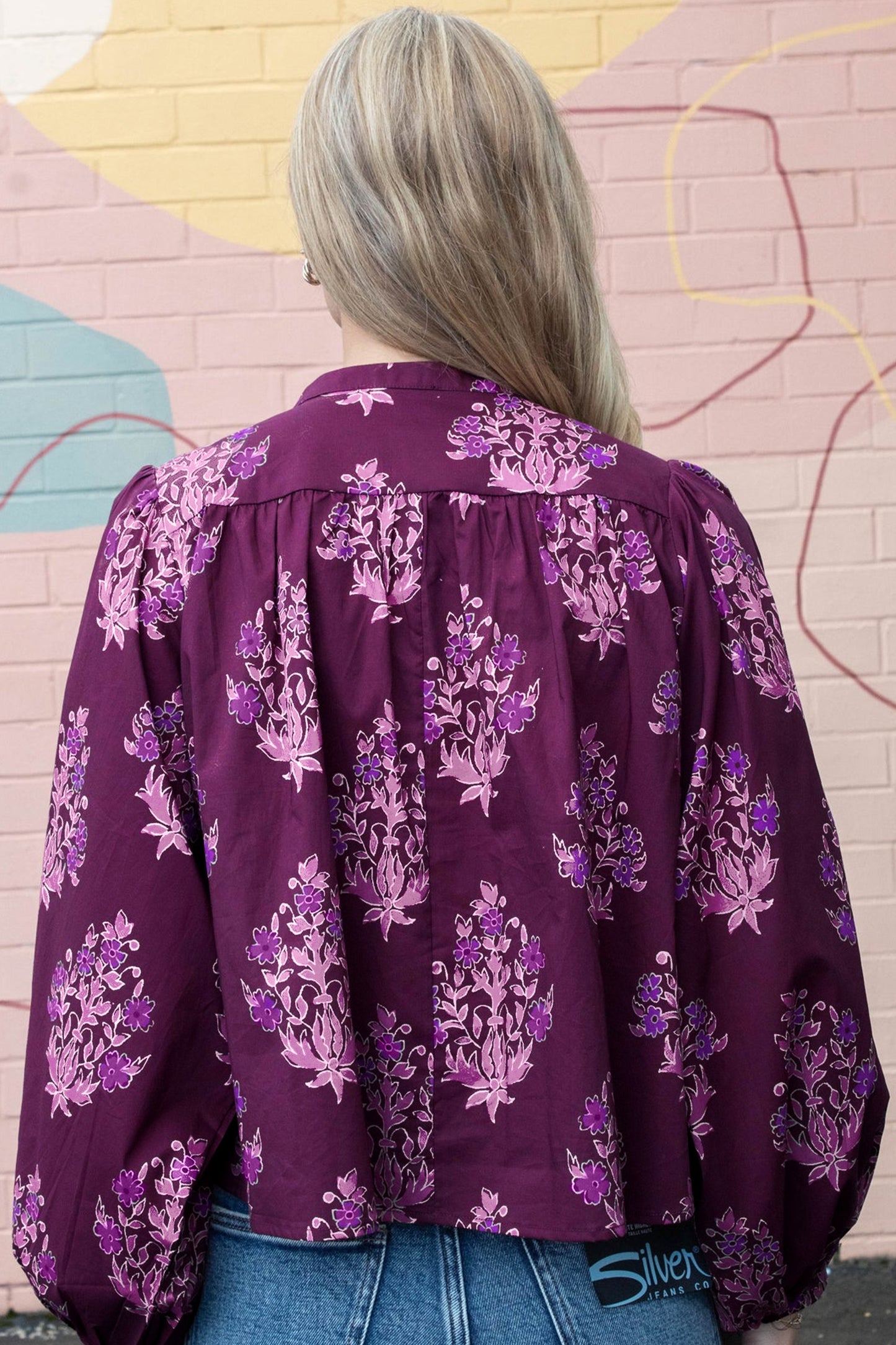 Purple Floral Print Button-Up Long Puff Sleeve Loose Shirt-Tops/Blouses & Shirts-[Adult]-[Female]-2022 Online Blue Zone Planet