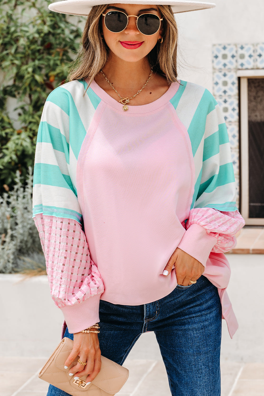 Bonbon Striped Colorblock Patchwork Raglan Pullover Top with Slits-Tops/Long Sleeve Tops-[Adult]-[Female]-2022 Online Blue Zone Planet