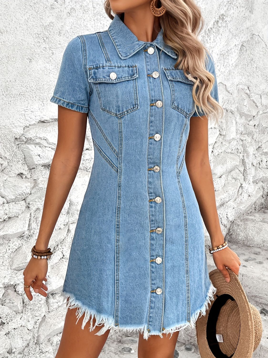 Raw Hem Button Up Short Sleeve Denim Dress-TOPS / DRESSES-[Adult]-[Female]-2022 Online Blue Zone Planet