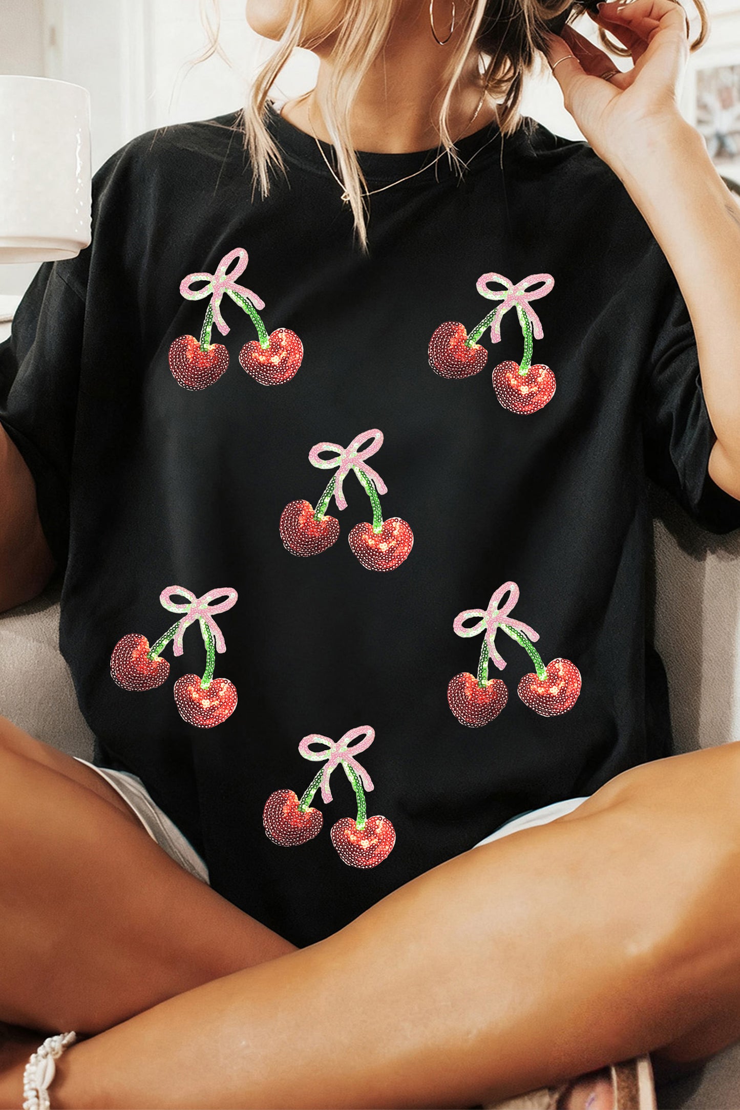 Black Sequin Bow Cheery Patched Valentines Graphic Tee-Graphic Tees-[Adult]-[Female]-2022 Online Blue Zone Planet