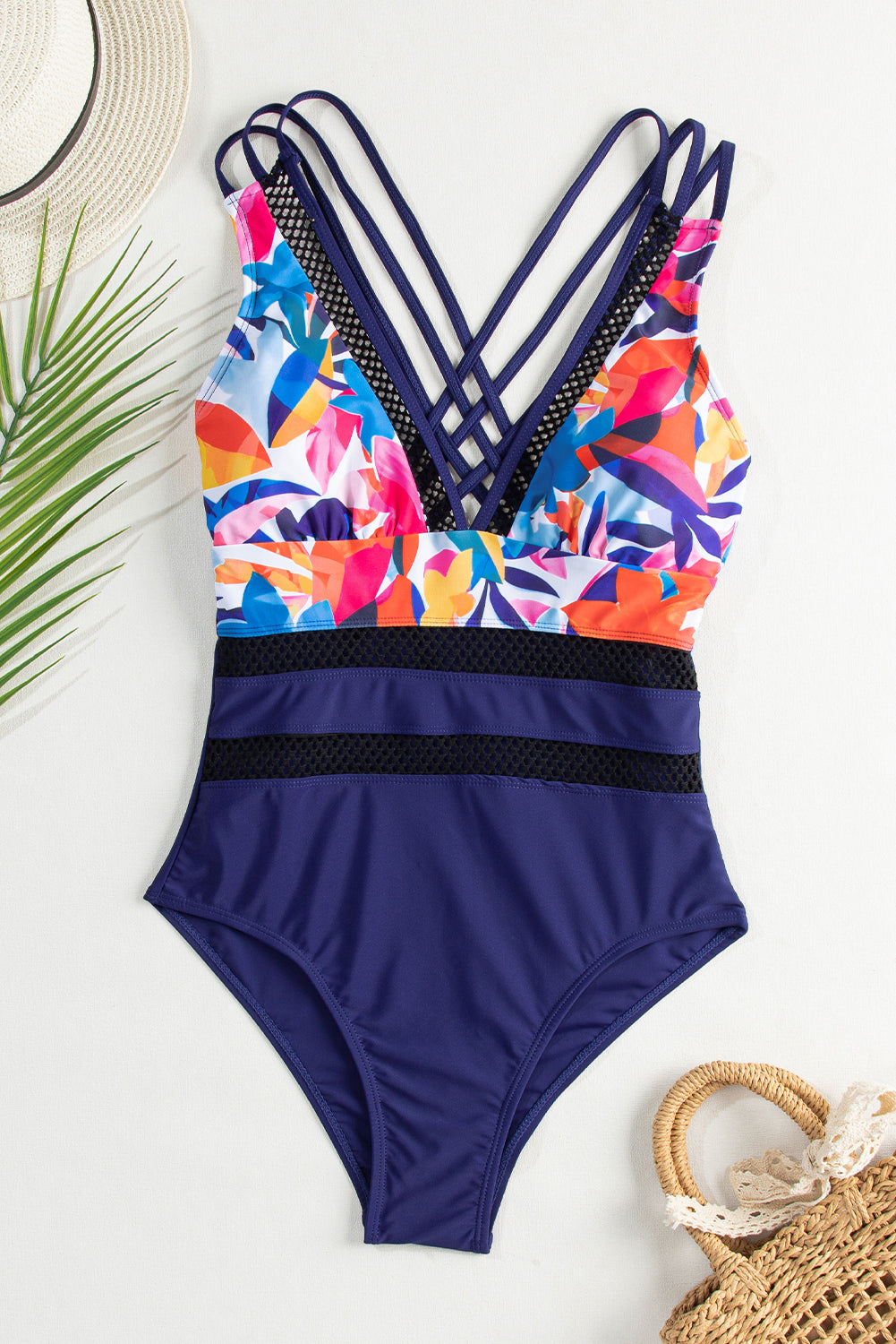 Blue Floral Leopard Splicing Color Block Mesh One Piece Swimsuit-One-Piece-[Adult]-[Female]-2022 Online Blue Zone Planet