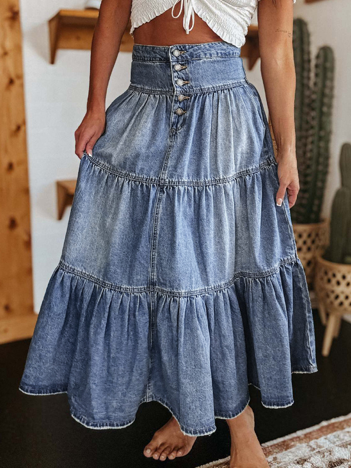 Blue Zone Planet | Tiered Button-Fly Denim Skirt-BOTTOMS SIZES SMALL MEDIUM LARGE-[Adult]-[Female]-2022 Online Blue Zone Planet