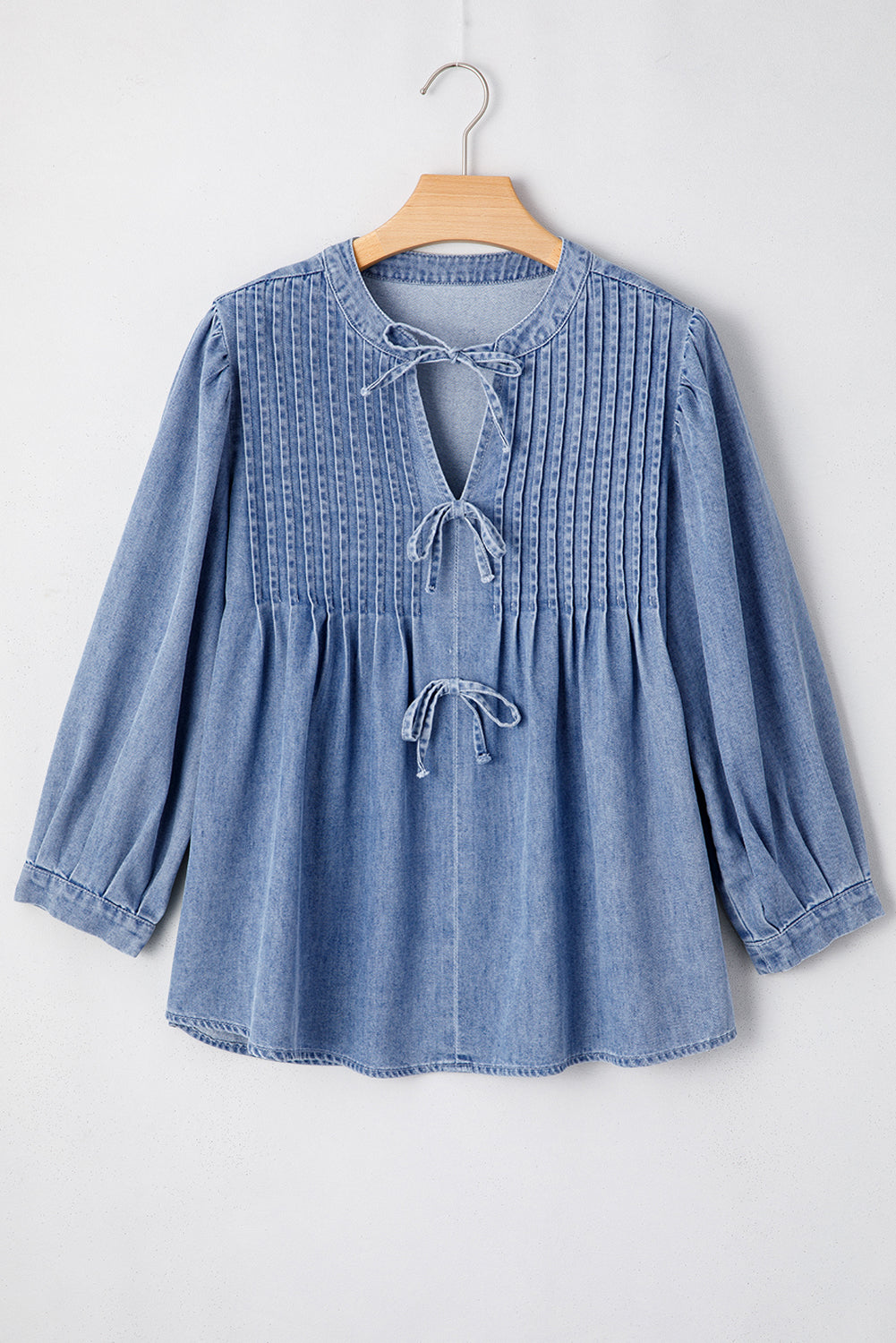 Myosotis Denim Front Pintuck Bow Tie Puff Sleeve Top-Tops/Blouses & Shirts-[Adult]-[Female]-2022 Online Blue Zone Planet