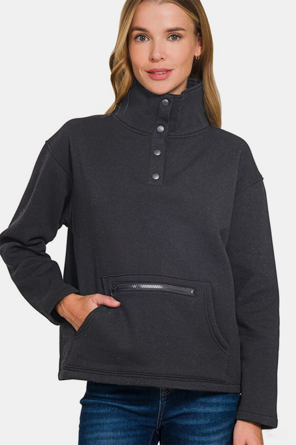 Blue Zone Planet | Zenana Turtleneck Half Snap Fleece Sweatshirt-TOPS / DRESSES-[Adult]-[Female]-Black-S-2022 Online Blue Zone Planet