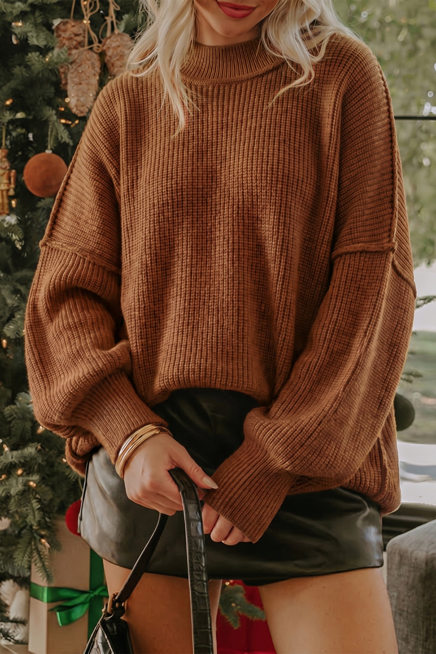 Chestnut Solid Color Mock Neck Oversized Tunic Sweater-Sweaters & Cardigans/Sweaters-[Adult]-[Female]-2022 Online Blue Zone Planet