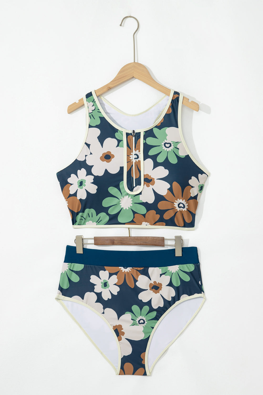 Green Floral Printed Zipped Plus Size Two Pieces Bikini-Plus Size/Plus Size Swimwear-[Adult]-[Female]-2022 Online Blue Zone Planet