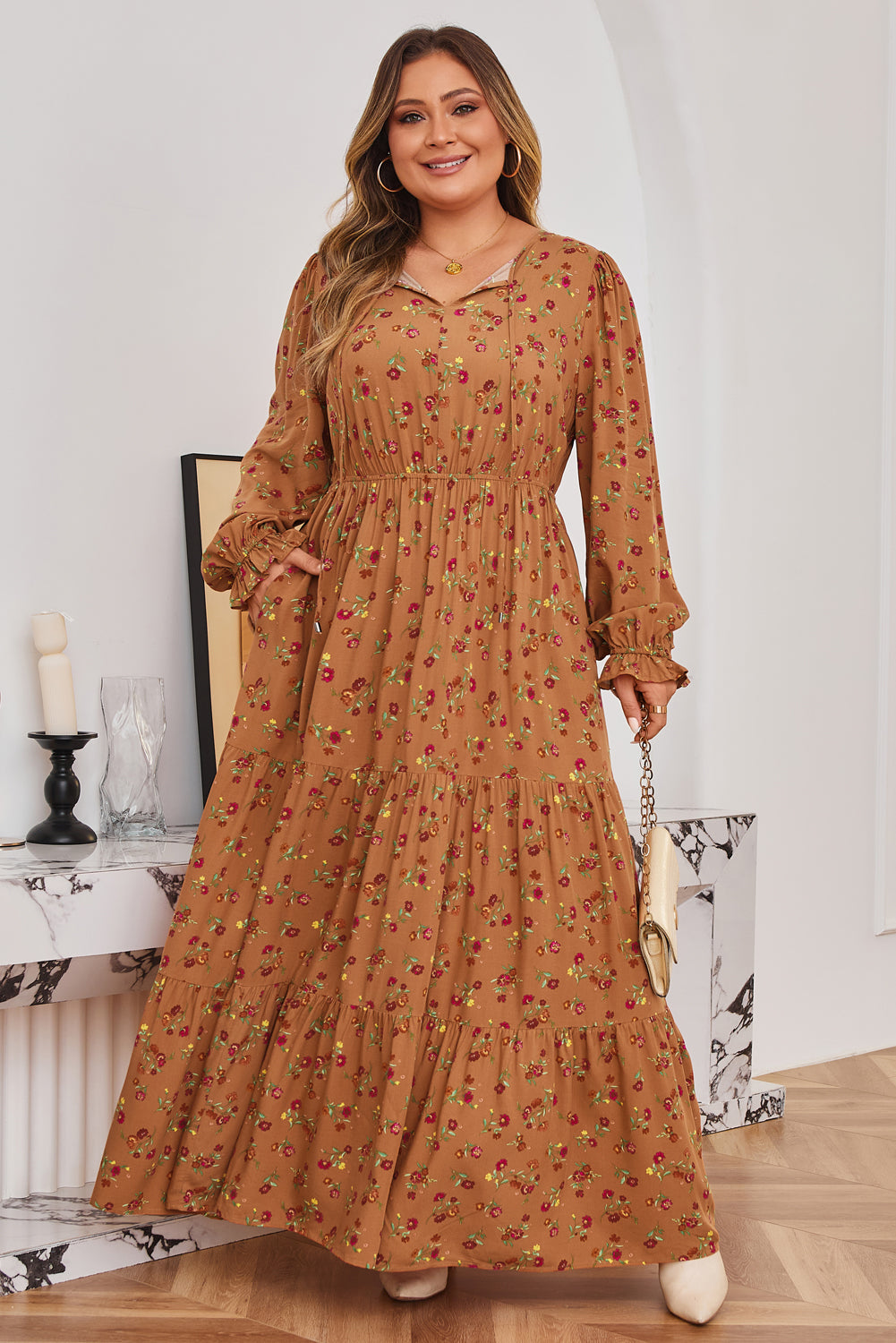 Brown Plus Size Floral Split V Neck Ruffled Sleeve Tiered Maxi Dress-TOPS / DRESSES-[Adult]-[Female]-2022 Online Blue Zone Planet