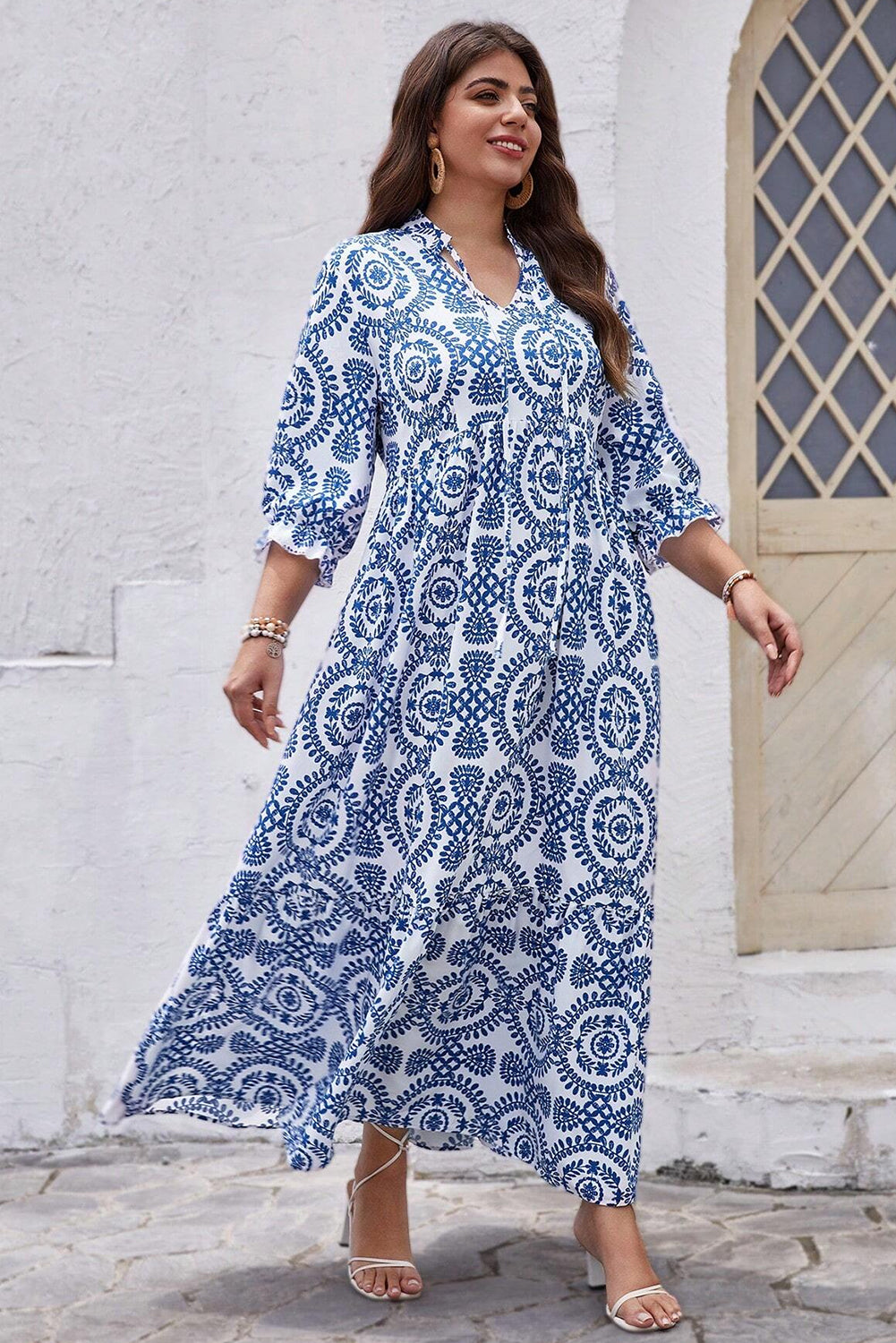 Sky Blue Geometric Print Lace-up Notch Neck Plus Size Maxi Dress-Plus Size/Plus Size Dresses/Plus Size Maxi Dresses-[Adult]-[Female]-2022 Online Blue Zone Planet