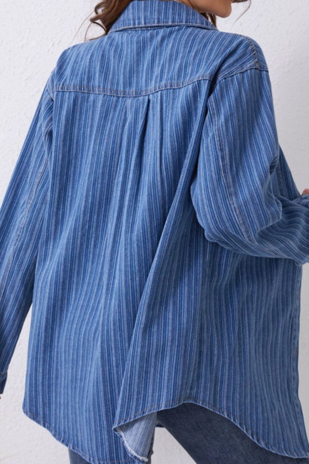 Blue Zone Planet | Striped Texture Collared Neck Denim Top-TOPS / DRESSES-[Adult]-[Female]-2022 Online Blue Zone Planet