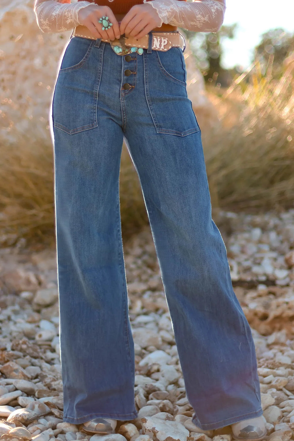 Ashleigh Blue Multi Buttons High Waist Wide Leg Jeans With Pockets-Bottoms/Jeans-[Adult]-[Female]-Ashleigh Blue-4-2022 Online Blue Zone Planet