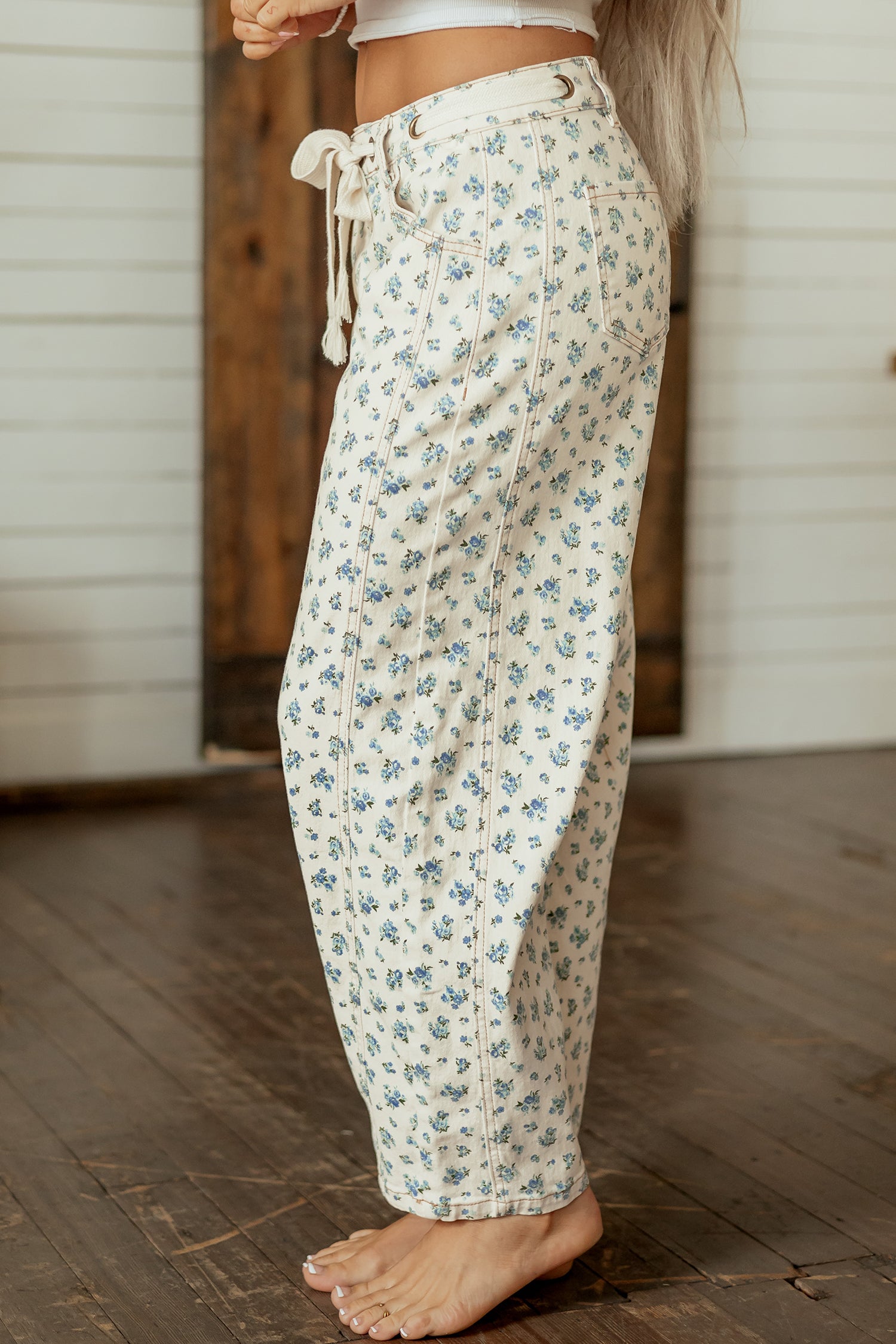 Beige Grommet Knot Waist Floral Barrel Leg Jeans-Bottoms/Jeans-[Adult]-[Female]-2022 Online Blue Zone Planet