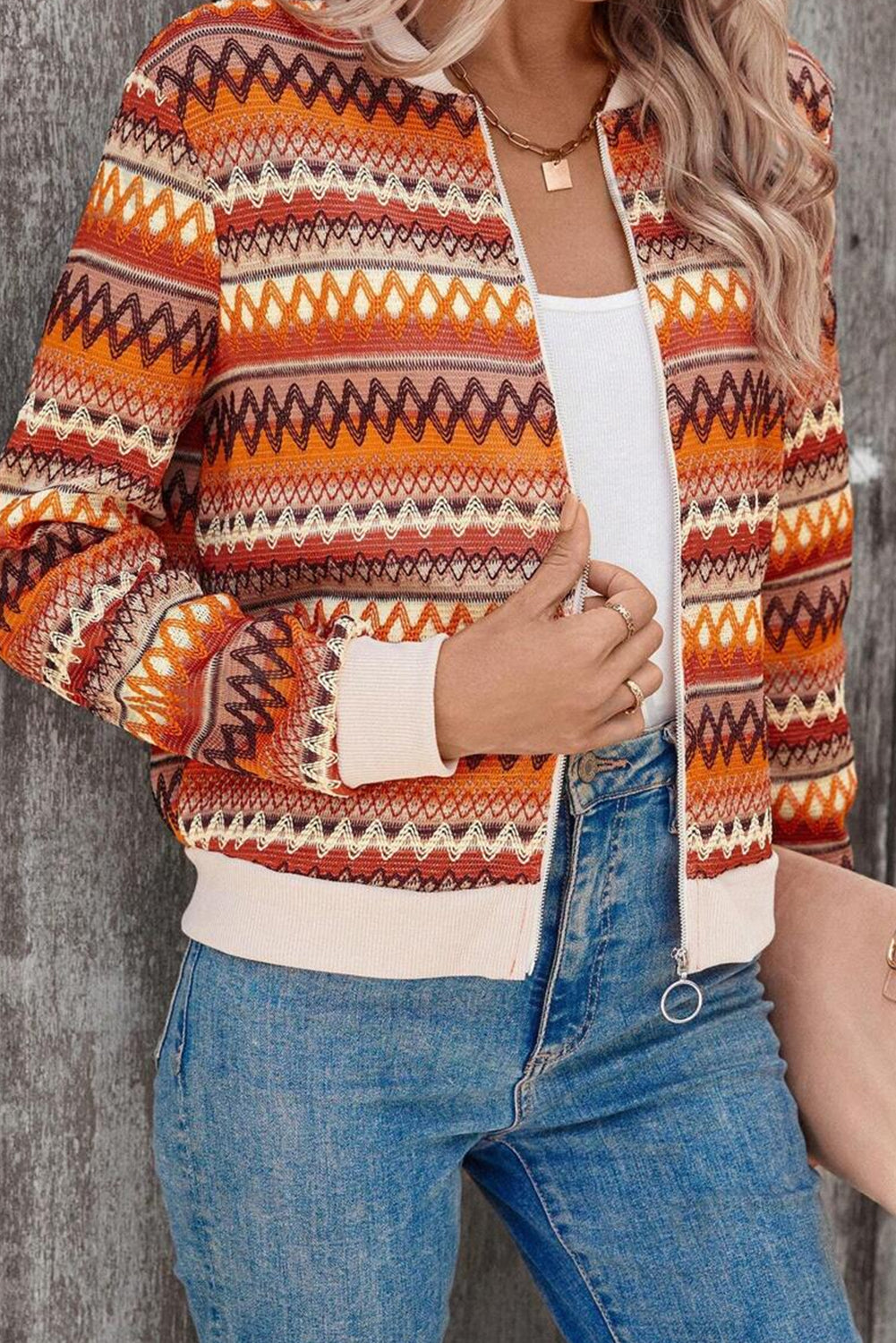 Blue Zone Planet | Orange Boho Striped Zip Up Long Sleeve Jacket-Outerwear/Jackets-[Adult]-[Female]-2022 Online Blue Zone Planet