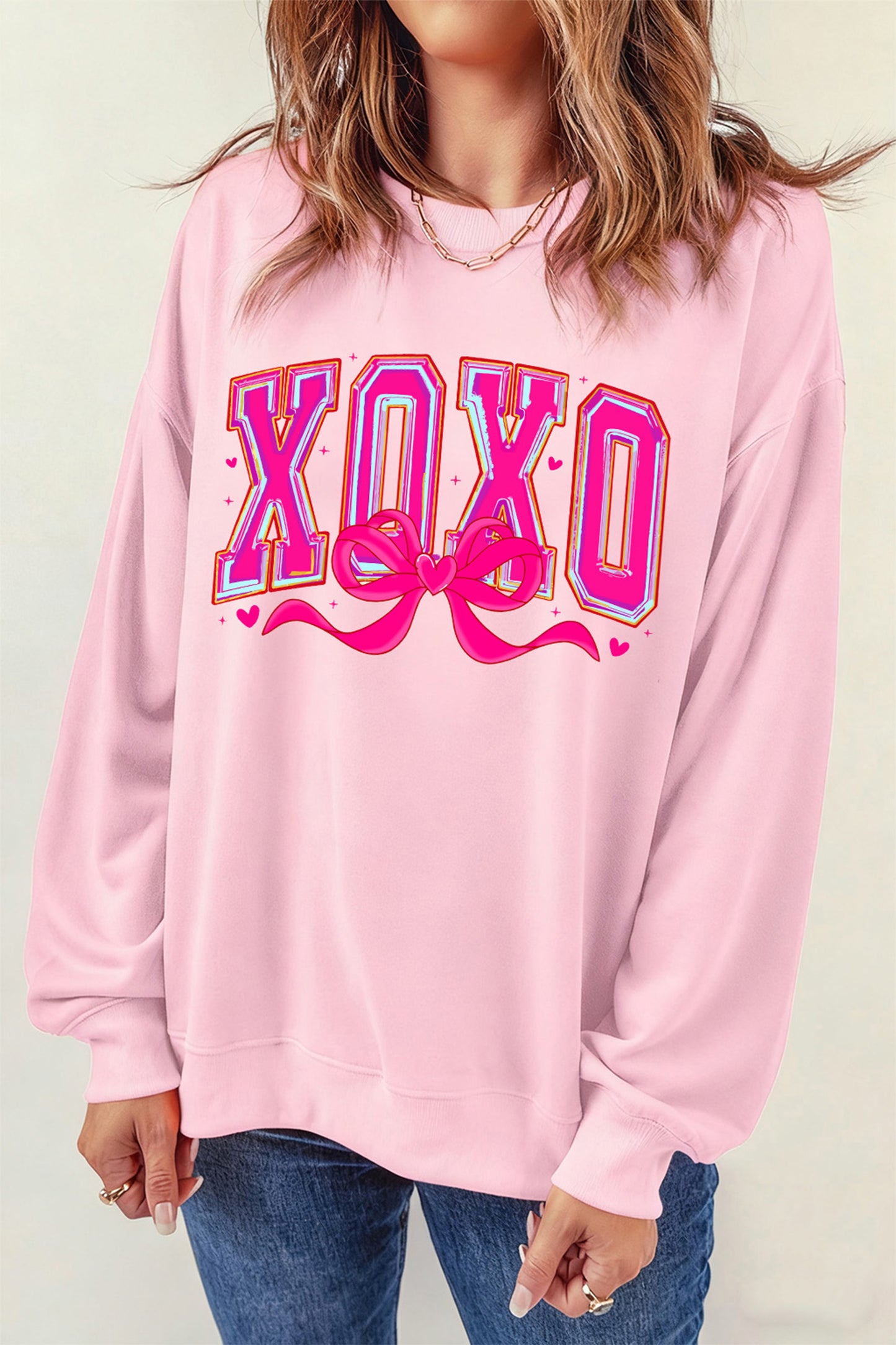 Pink XOXO Valentines Day Heart Ribbon Bow Printed Pullover Sweatshirt-Graphic Sweatshirts-[Adult]-[Female]-2022 Online Blue Zone Planet