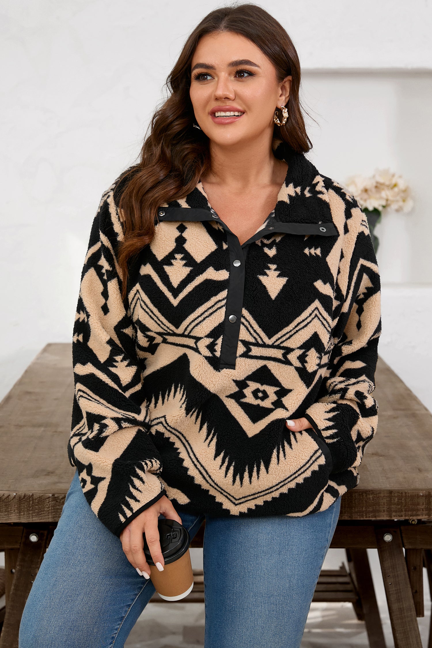 Black Plus Size Western Aztec Pattern Half Button Collared Plush Sweatshirt-Plus Size/Plus Size Sweatshirts & Hoodies-[Adult]-[Female]-2022 Online Blue Zone Planet