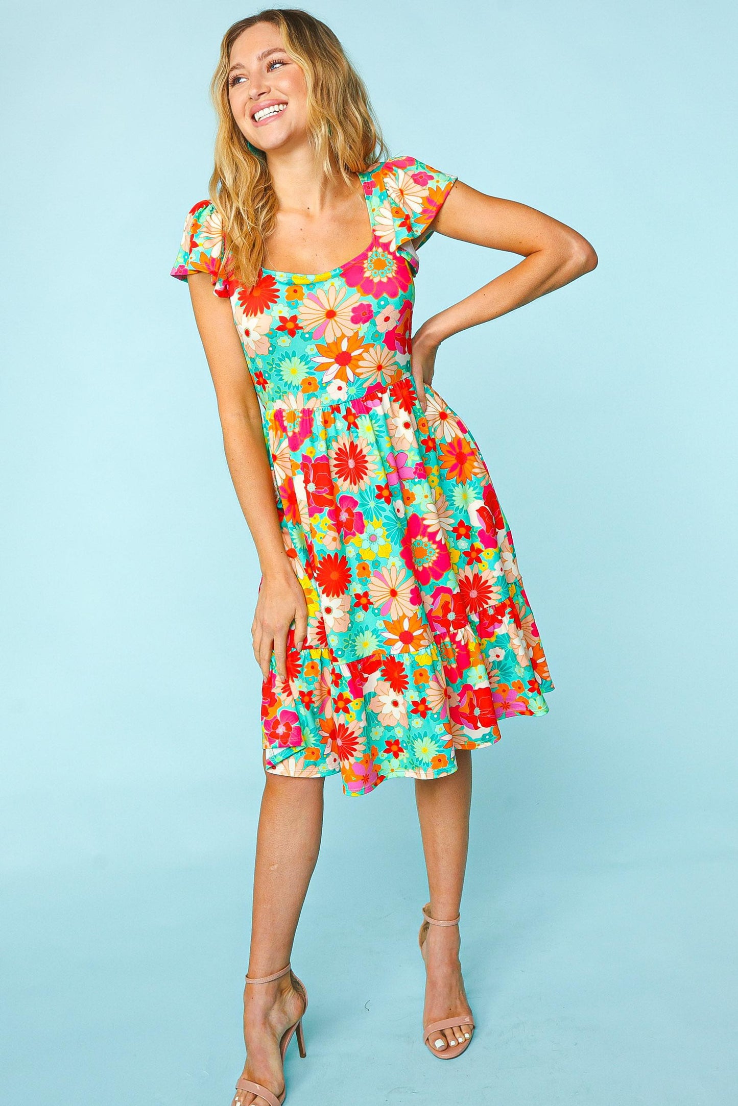 Haptics Floral Square Neck Short Sleeve Dress-TOPS / DRESSES-[Adult]-[Female]-2022 Online Blue Zone Planet