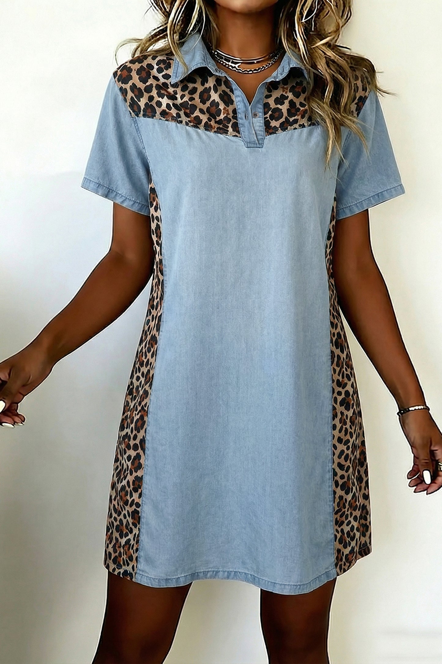 Myosotis Denim Color Block Leopard Patchwork Shirt Collar T Shirt Mini Dress-Dresses/T Shirt Dresses-[Adult]-[Female]-2022 Online Blue Zone Planet
