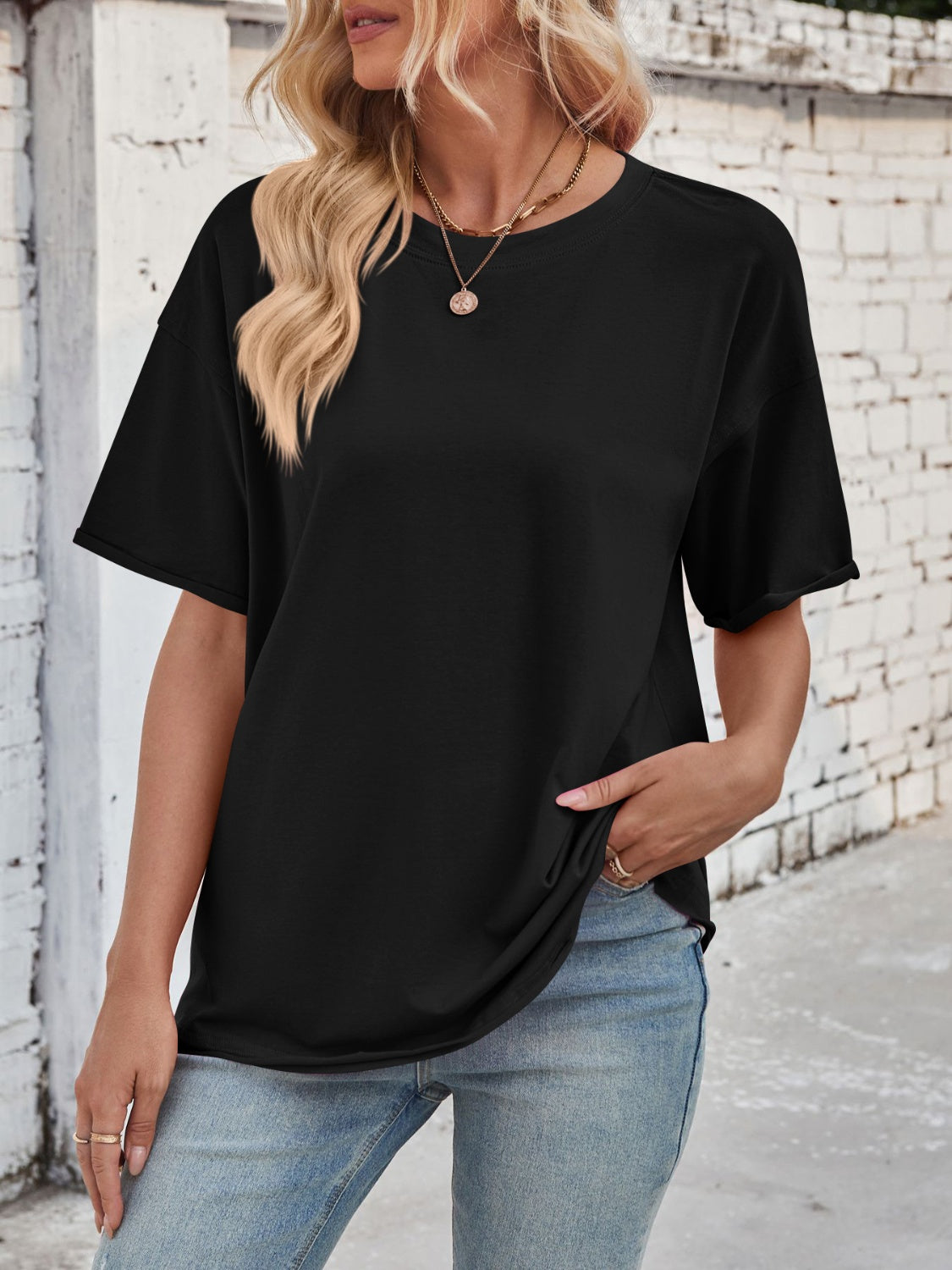 Lovelet Exposed Seam Round Neck Half Sleeve T-Shirt-TOPS / DRESSES-[Adult]-[Female]-Black-S-2022 Online Blue Zone Planet