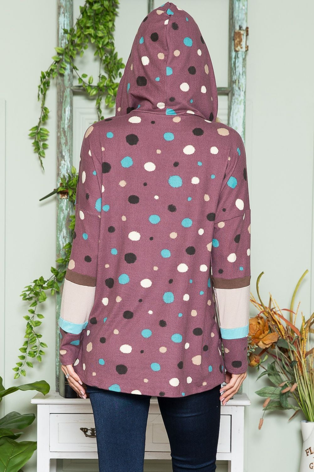 Celeste Full Size Polka Dot Drawstring Hoodie-TOPS / DRESSES-[Adult]-[Female]-2022 Online Blue Zone Planet