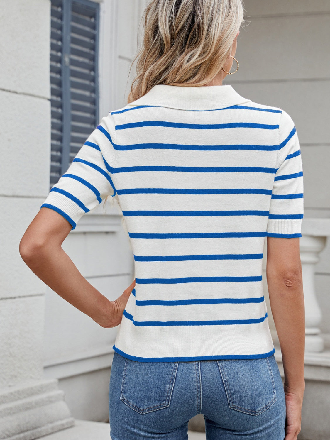 Striped Johnny Collar Short Sleeve Sweater-TOPS / DRESSES-[Adult]-[Female]-2022 Online Blue Zone Planet