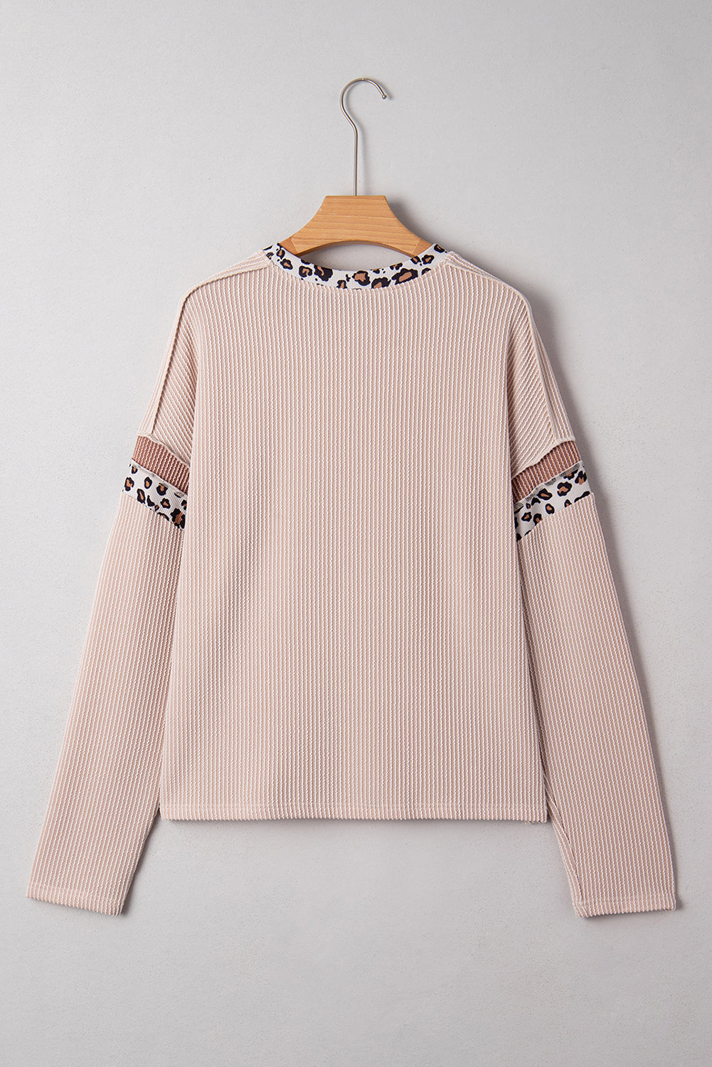Beige Twist Ribbed Leopard Color Block Detail Drop Shoulder Long Sleeve Top-Tops/Long Sleeve Tops-[Adult]-[Female]-2022 Online Blue Zone Planet