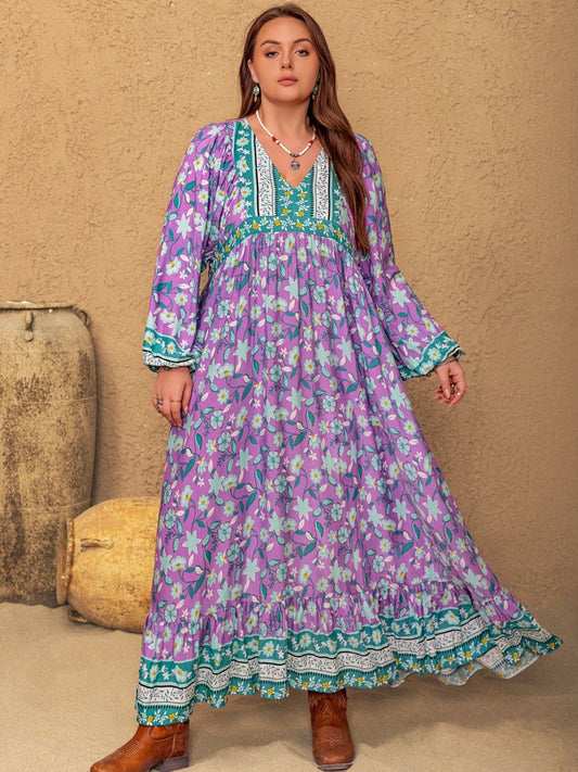 Blue Zone Planet | Plus Size Printed V-Neck Long Sleeve Maxi Dress-TOPS / DRESSES-[Adult]-[Female]-Mauve-0XL-2022 Online Blue Zone Planet