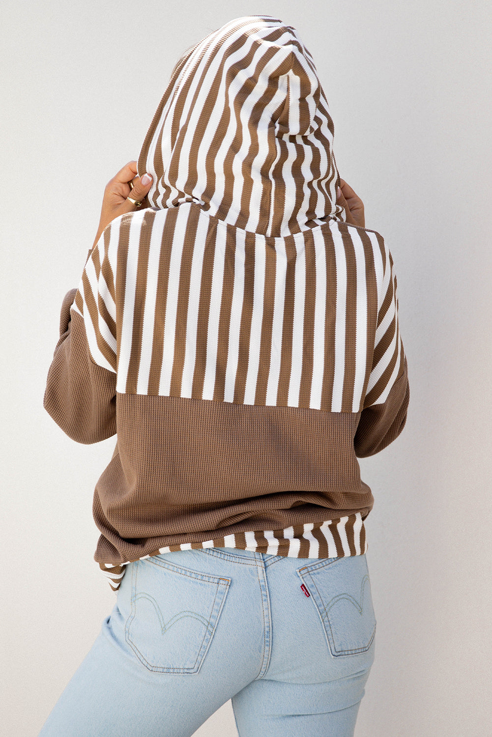 Straw Yellow Waffle Texture Striped Patchwork Button Neck Drawstring Hoodie-Tops / Dresses-[Adult]-[Female]-2022 Online Blue Zone Planet