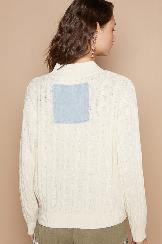 POL Cable-Knit Peace Patch Dropped Shoulder Sweater-[Adult]-[Female]-2022 Online Blue Zone Planet