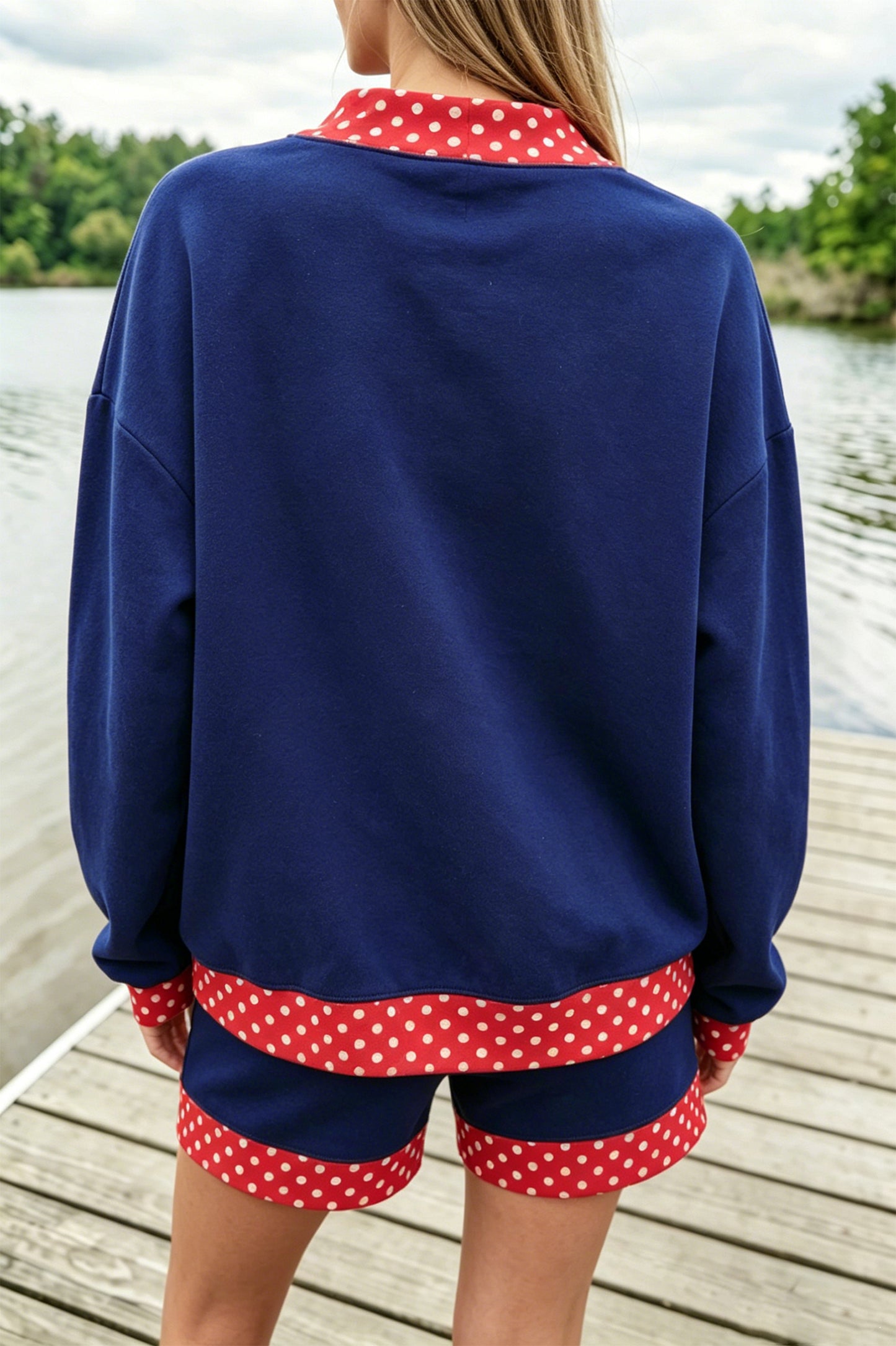 Fiery Red Gingham Trim Baggy Pullover 2pcs Short Set-Two Piece Sets/Short Sets-[Adult]-[Female]-2022 Online Blue Zone Planet