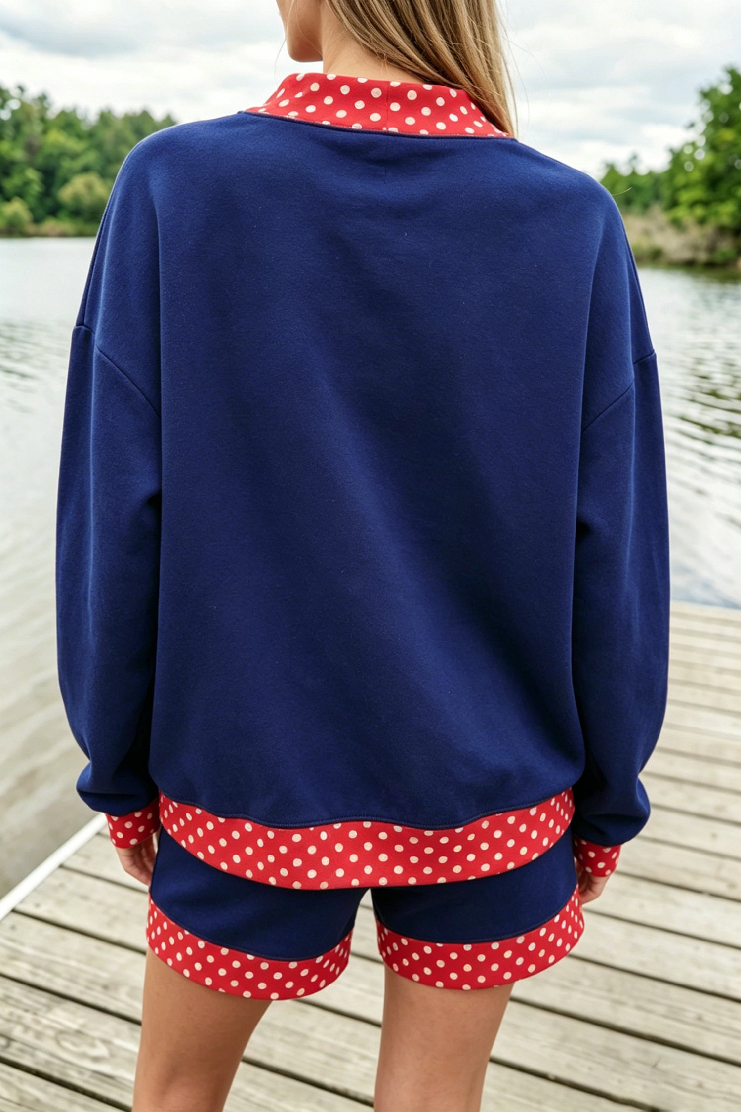 Fiery Red Gingham Trim Baggy Pullover 2pcs Short Set-Two Piece Sets/Short Sets-[Adult]-[Female]-2022 Online Blue Zone Planet