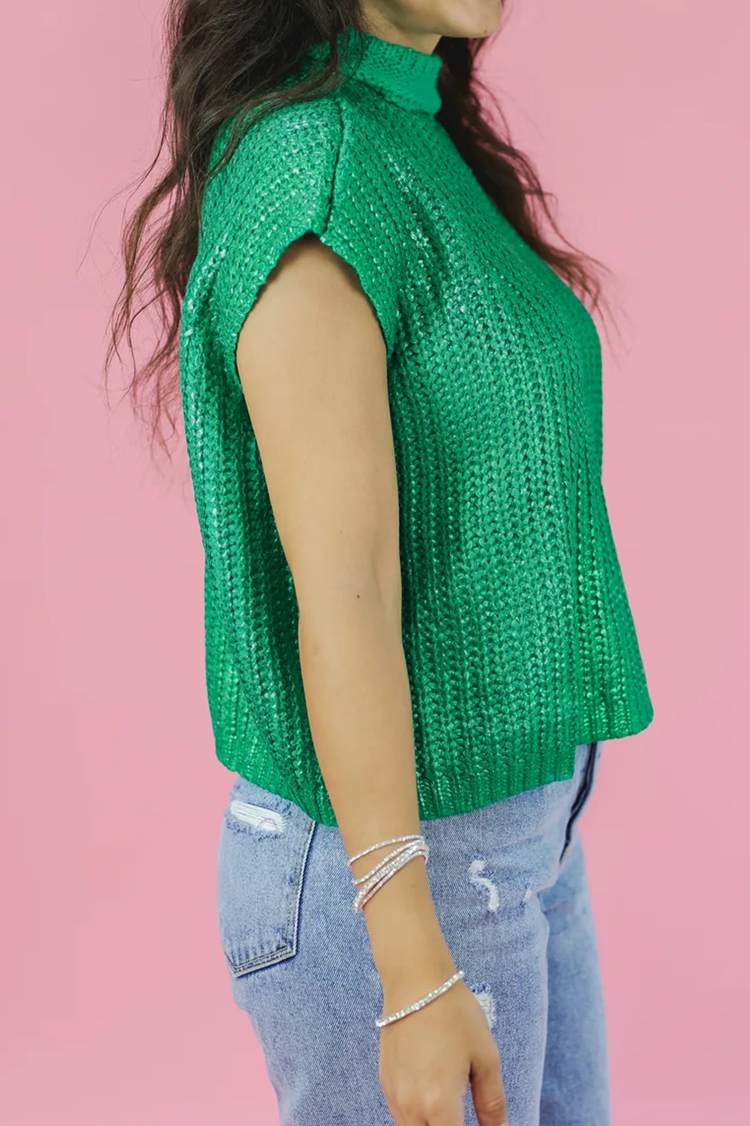 Bright Green Solid Color Knit High Neck Short Sleeve Sweater-Sweaters & Cardigans/Short Sleeve Sweaters-[Adult]-[Female]-2022 Online Blue Zone Planet