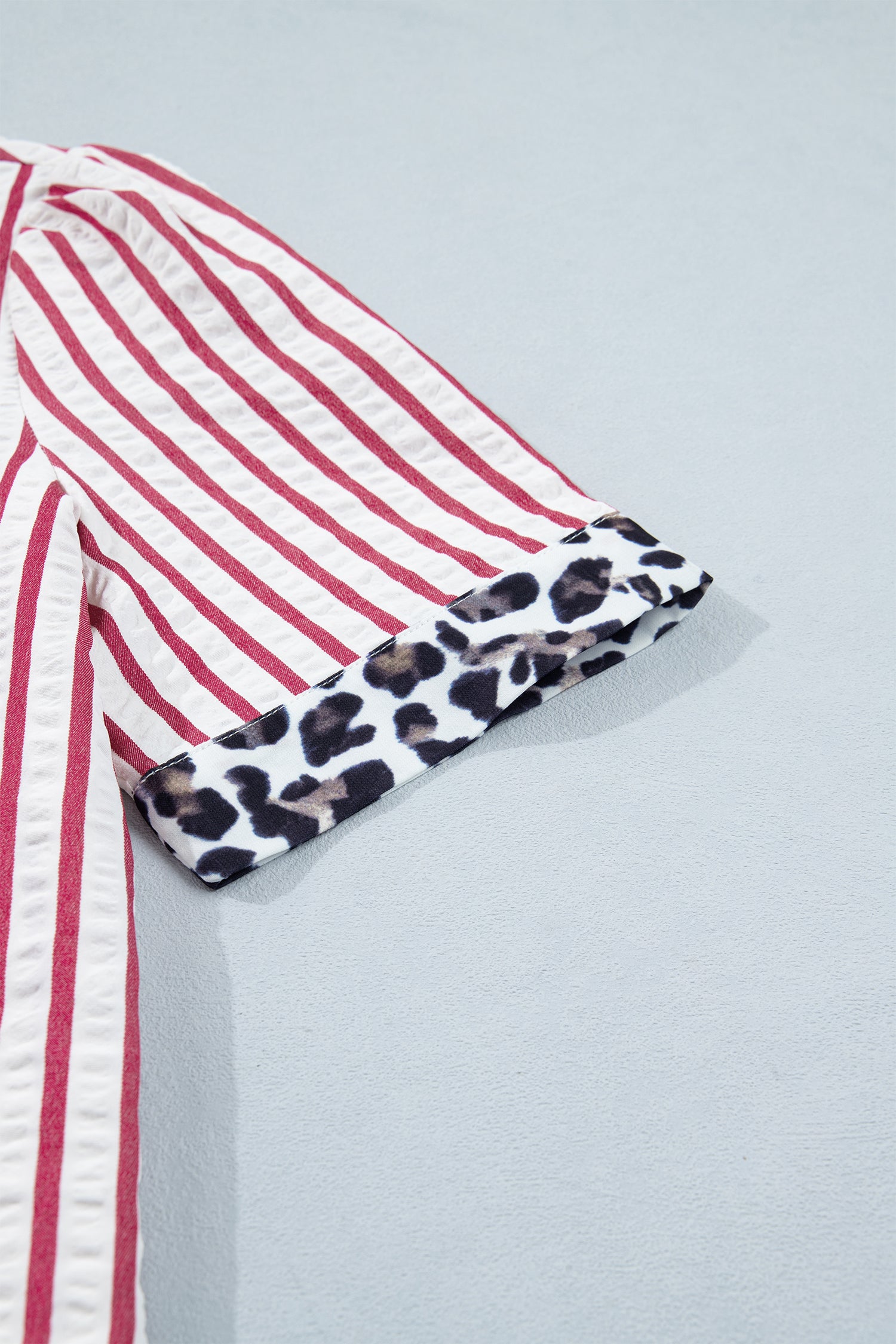 Red Stripe Leopard Contrast Trim Half Button Blouse-Tops/Blouses & Shirts-[Adult]-[Female]-2022 Online Blue Zone Planet