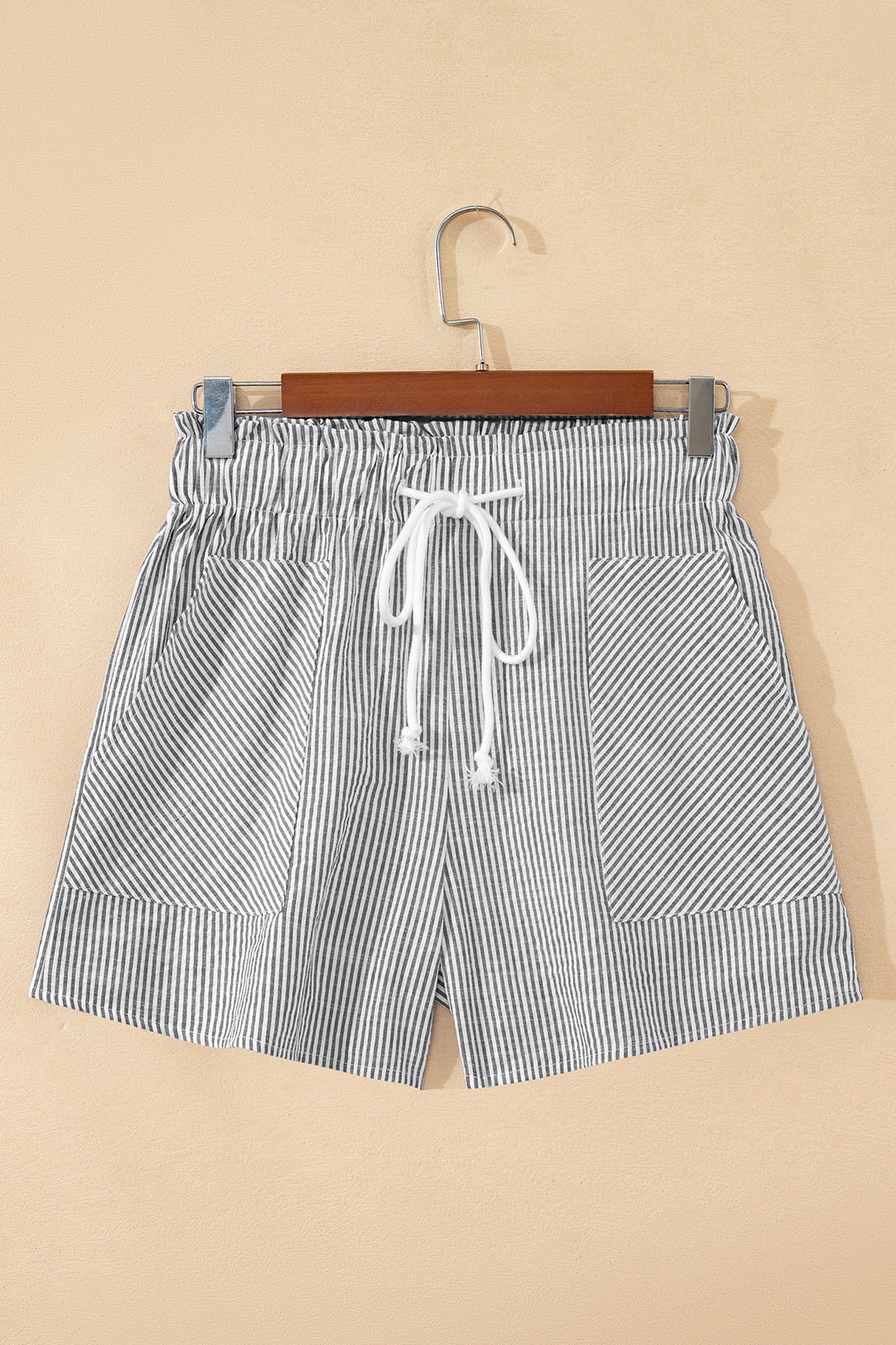 Gray Stripe Lace-Up Elastic Waist Casual Pocketed Shorts-Bottoms/Casual Shorts-[Adult]-[Female]-2022 Online Blue Zone Planet