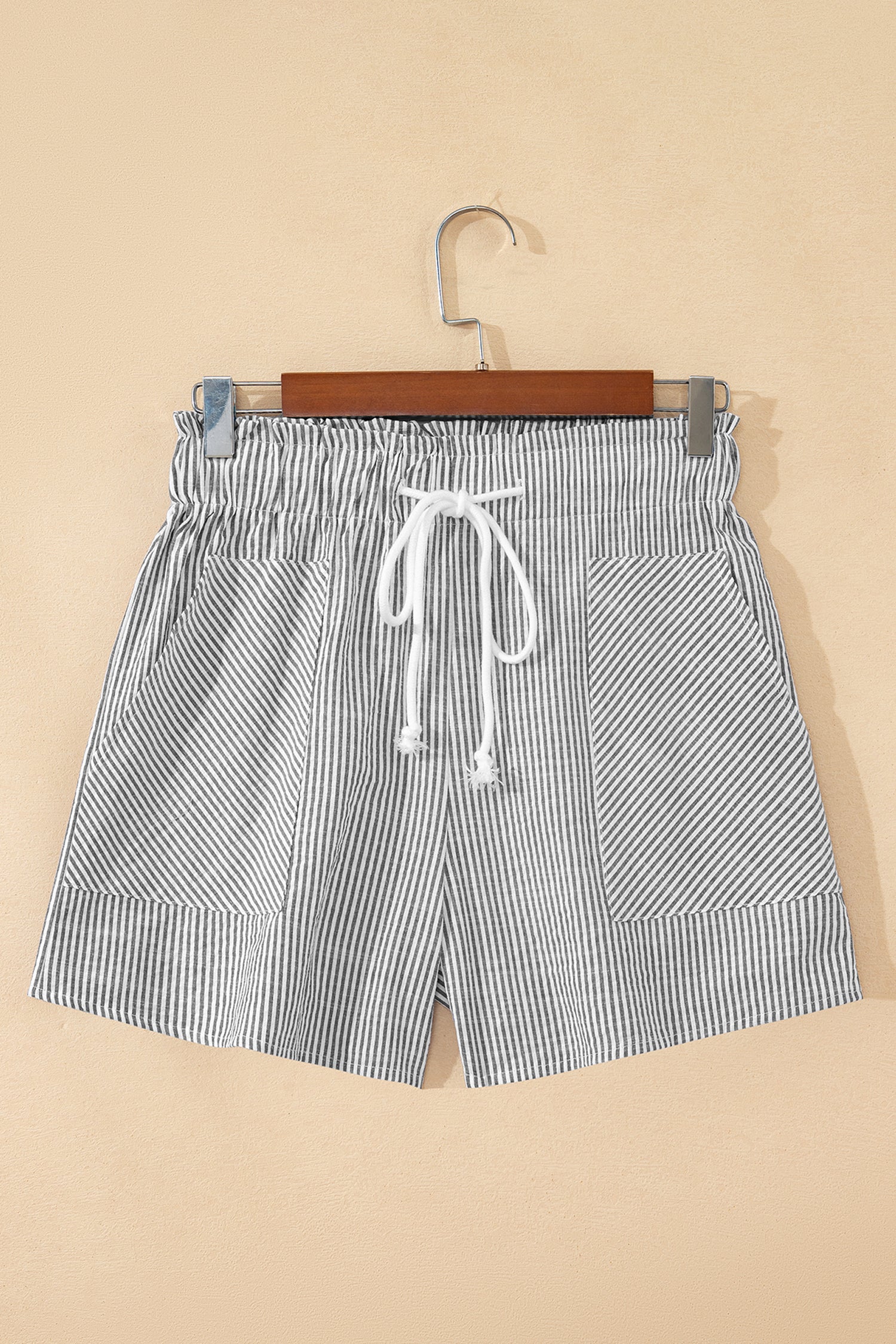 Gray Stripe Lace-Up Elastic Waist Casual Pocketed Shorts-Bottoms/Casual Shorts-[Adult]-[Female]-2022 Online Blue Zone Planet