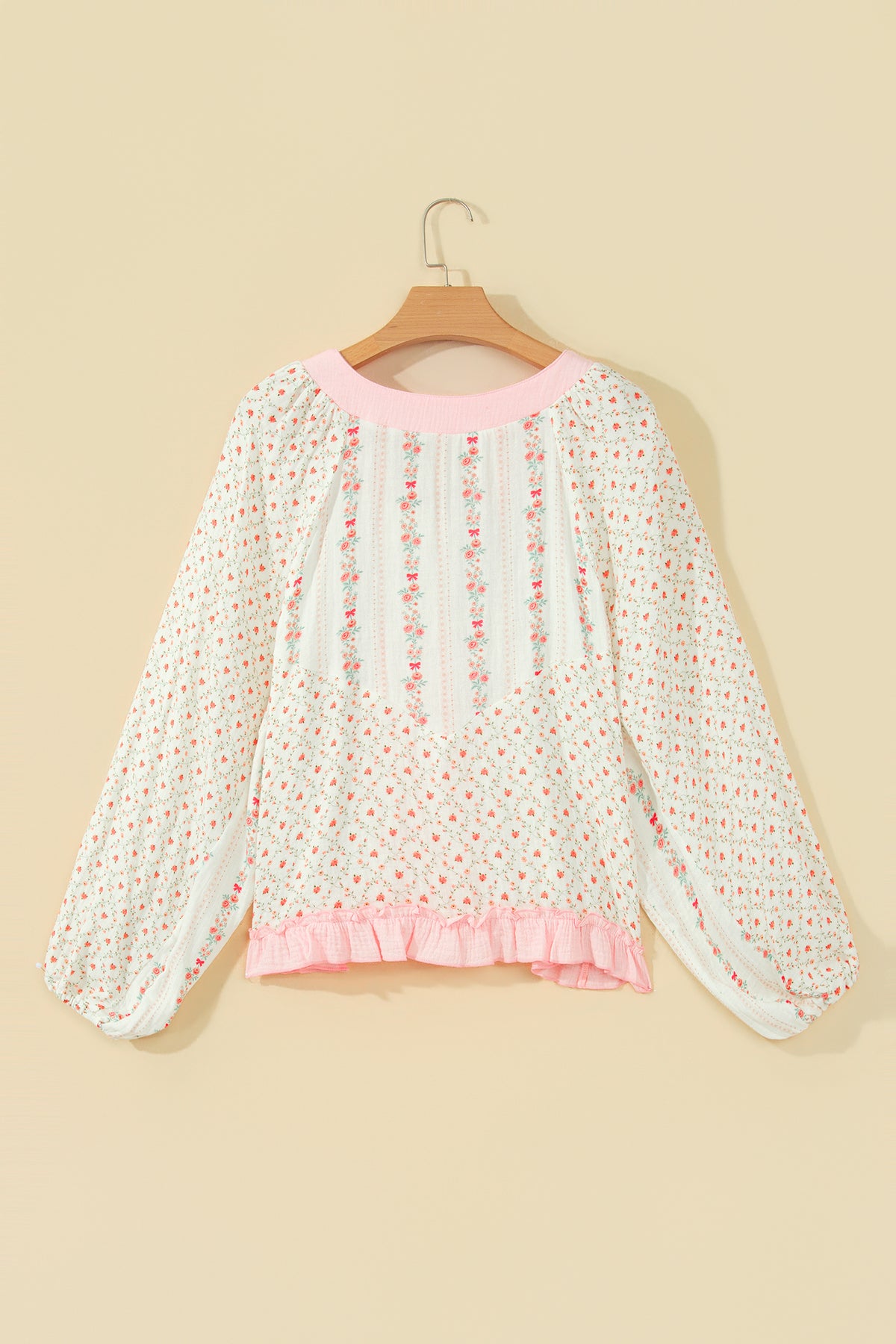 Beige Floral Print Color Block Trim Lace-up V Neck Long Sleeve Blouse-Tops/Blouses & Shirts-[Adult]-[Female]-2022 Online Blue Zone Planet
