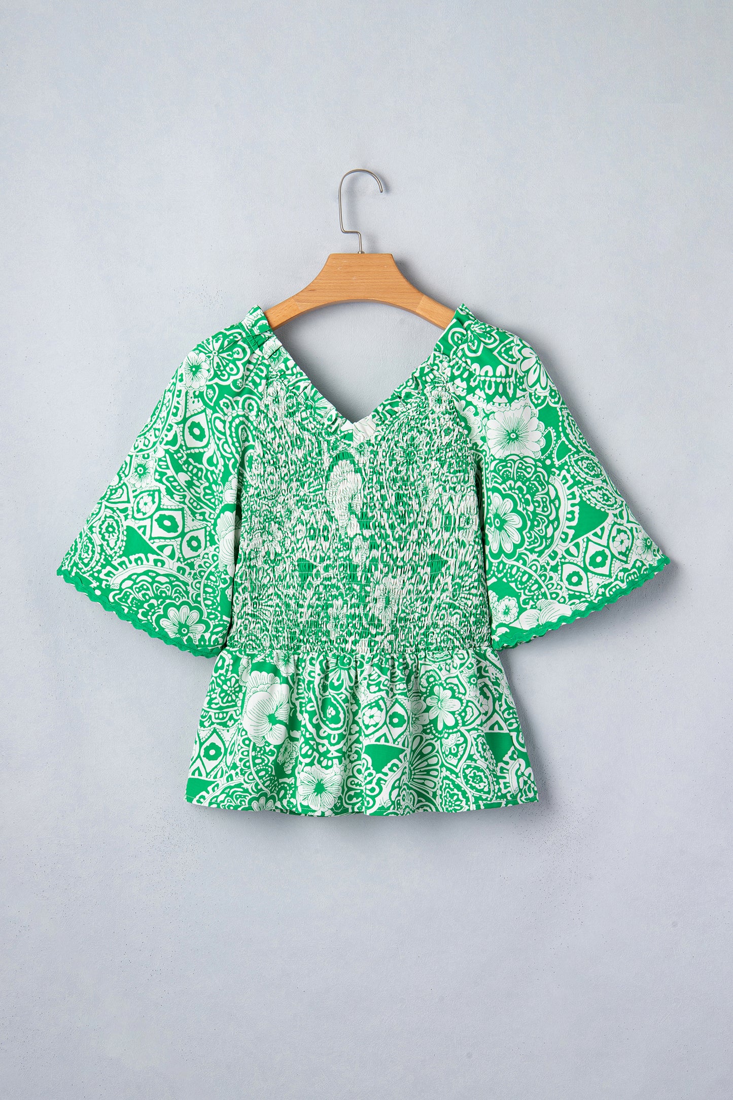 Green Flirty Floral Smocked V Neck Blouse-Tops/Blouses & Shirts-[Adult]-[Female]-2022 Online Blue Zone Planet