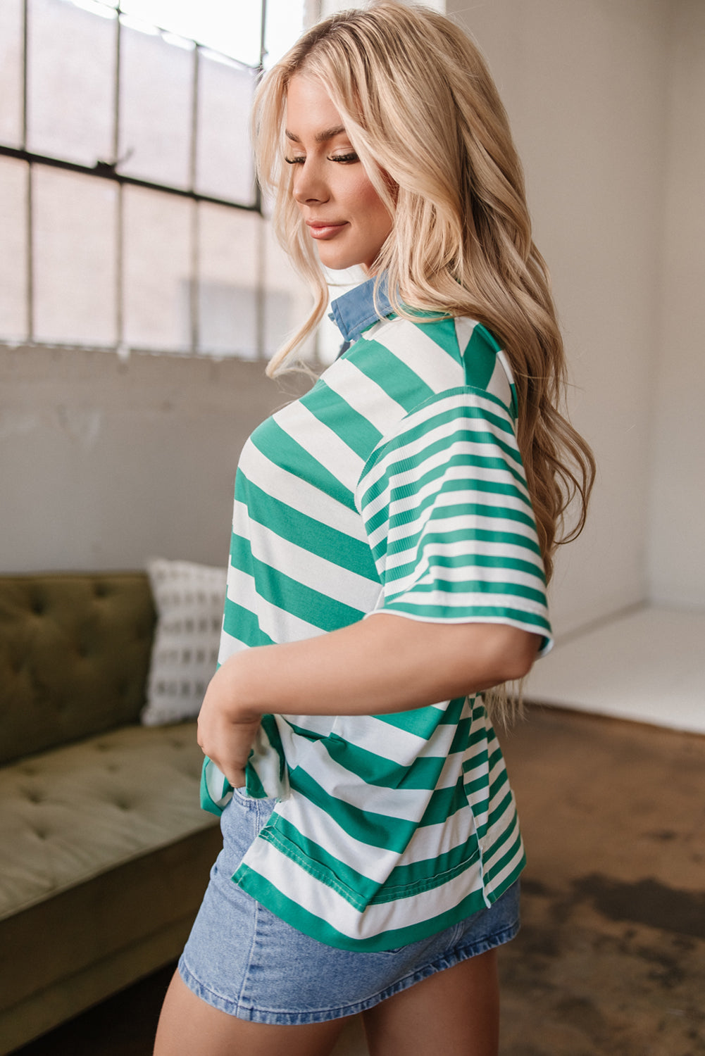 Green Stripe Colorblock Collar Half Buttons T Shirt-Tops/Tops & Tees-[Adult]-[Female]-2022 Online Blue Zone Planet