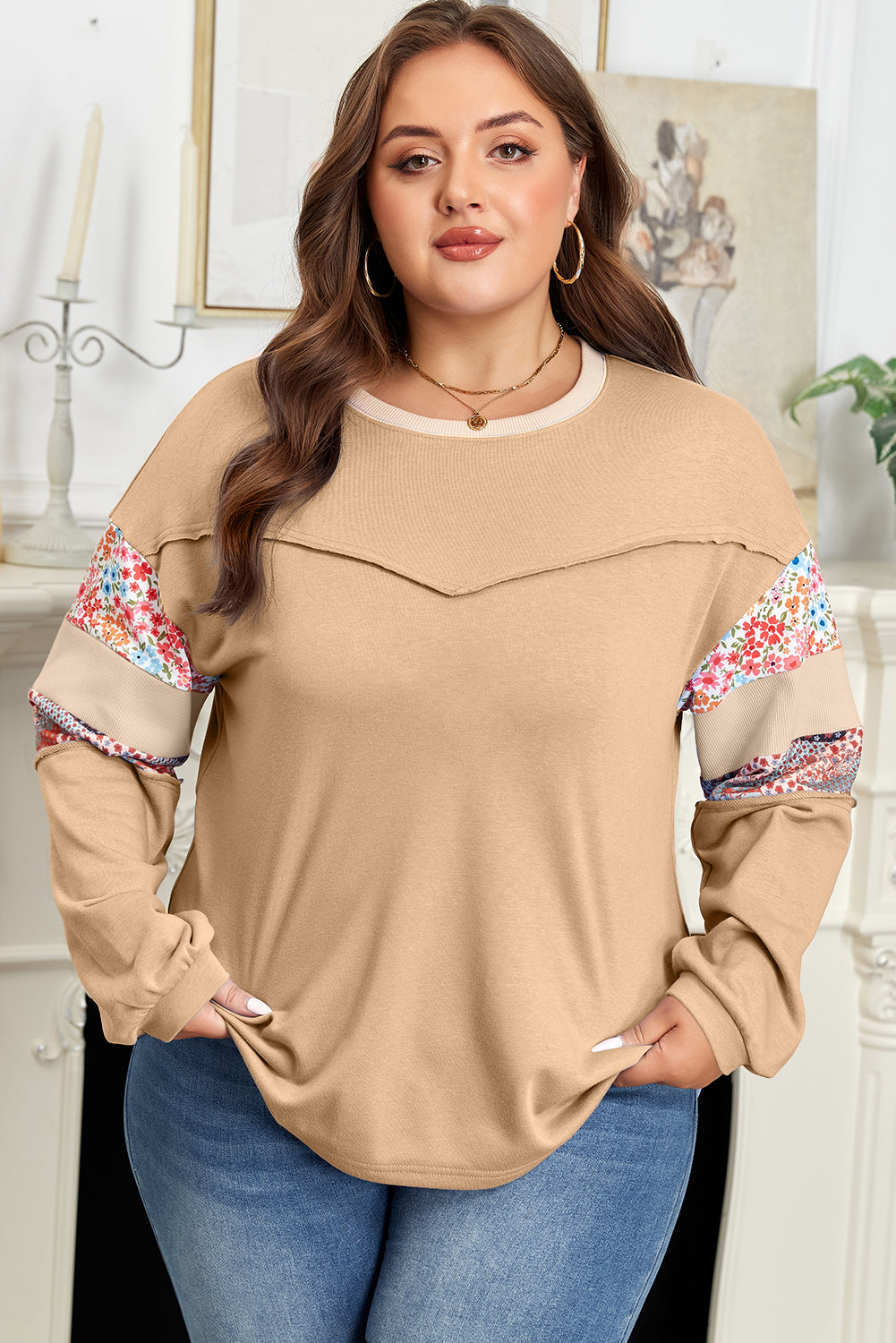 Khaki Exposed Seam Floral Mixed Patchwork Relaxed Plus Size Top-Plus Size/Plus Size Sweatshirts & Hoodies-[Adult]-[Female]-2022 Online Blue Zone Planet