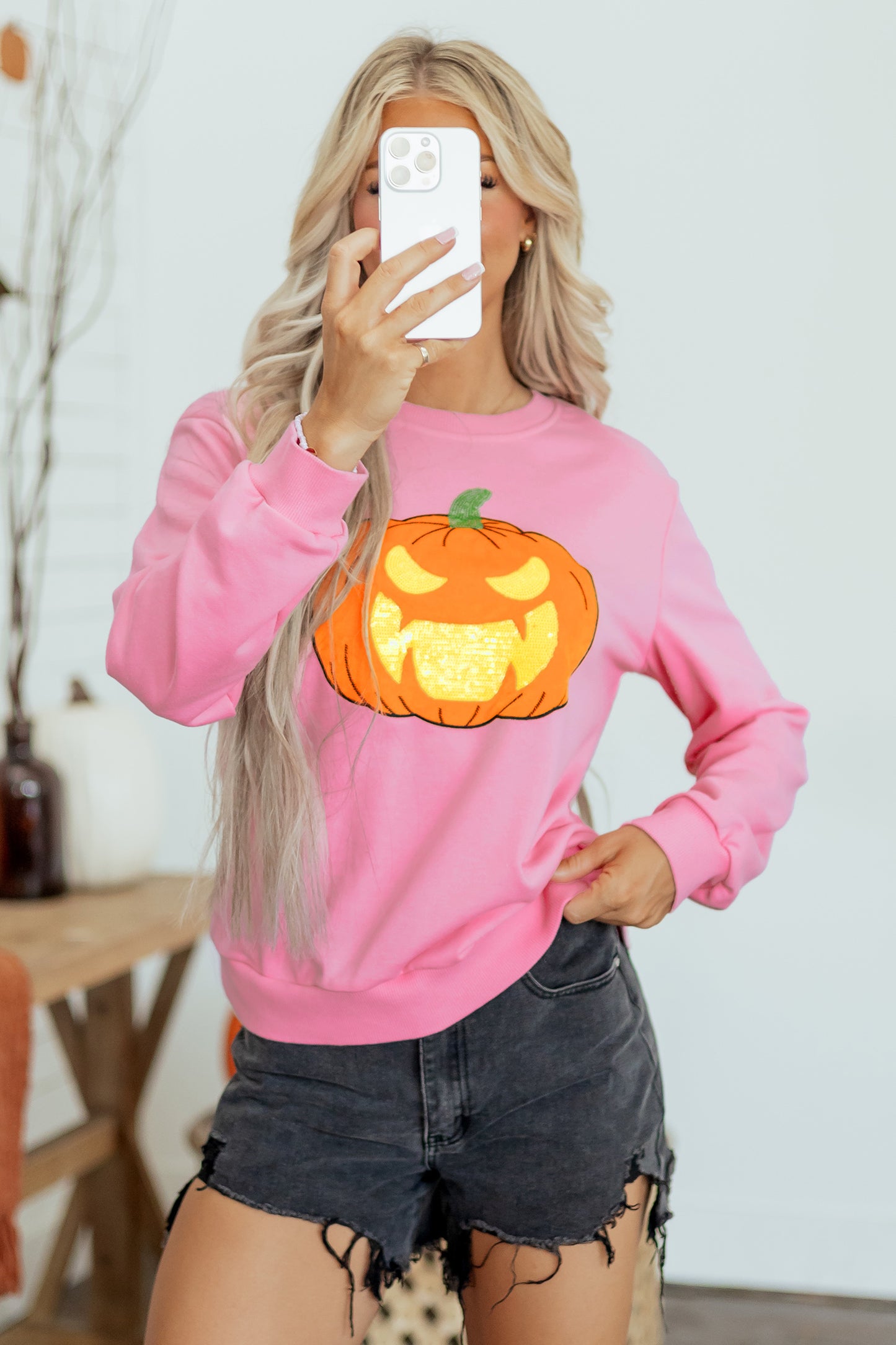 Pink Embroidered Pumpkin Face Long Sleeve Round Neck Sweatshirt-Tops/Sweatshirts & Hoodies-[Adult]-[Female]-2022 Online Blue Zone Planet