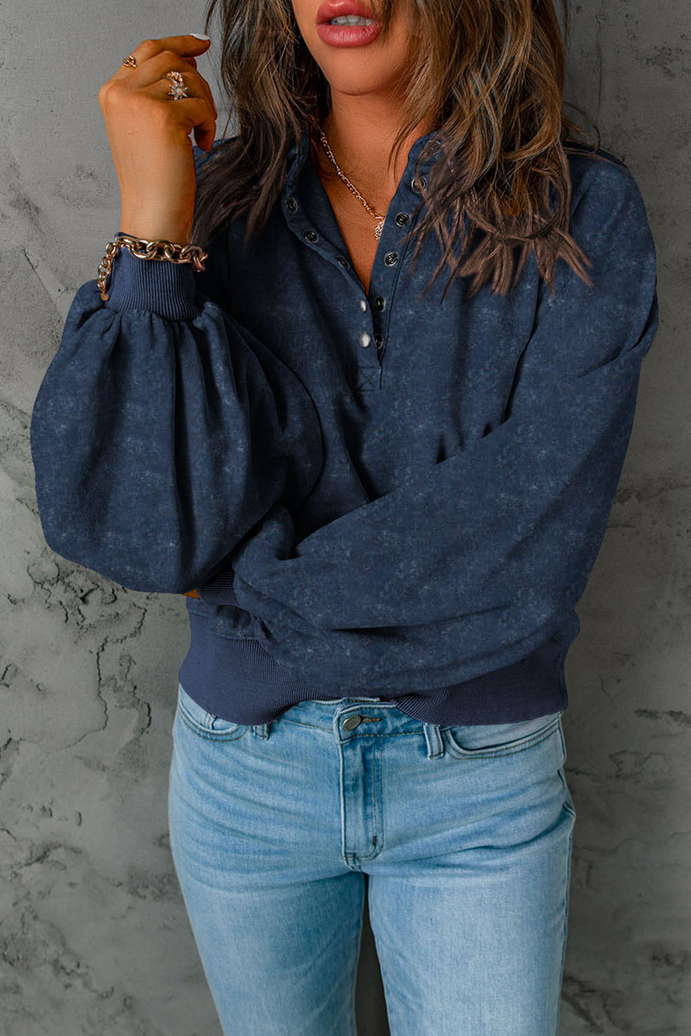 Blue Washed Snap Buttons Lantern Sleeve Pullover Sweatshirt-Tops/Sweatshirts & Hoodies-[Adult]-[Female]-2022 Online Blue Zone Planet