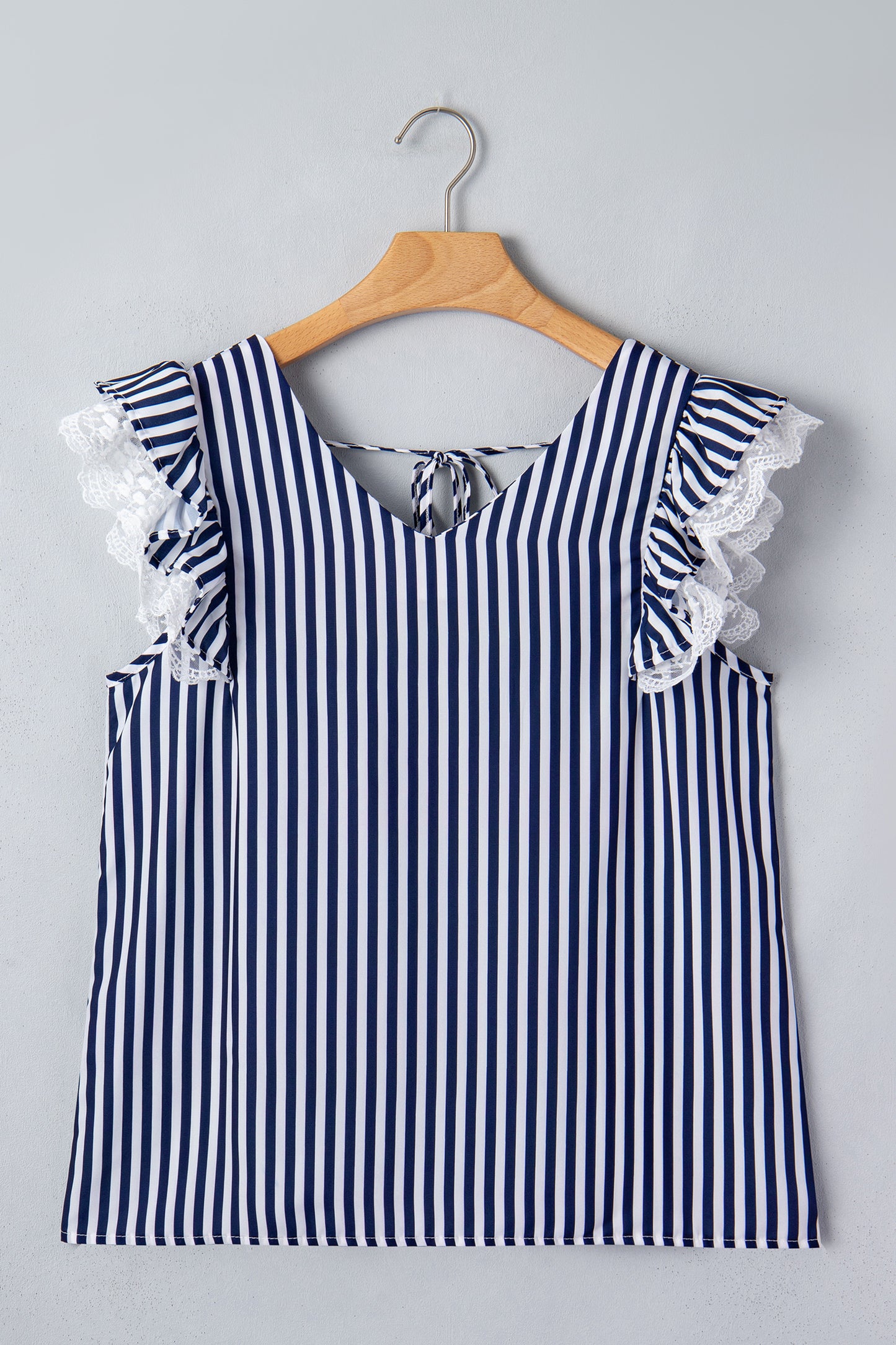 Blue Stripe V Neck Lace Contrast Ruffle Trim Tank Top-Tops/Tank Tops-[Adult]-[Female]-2022 Online Blue Zone Planet