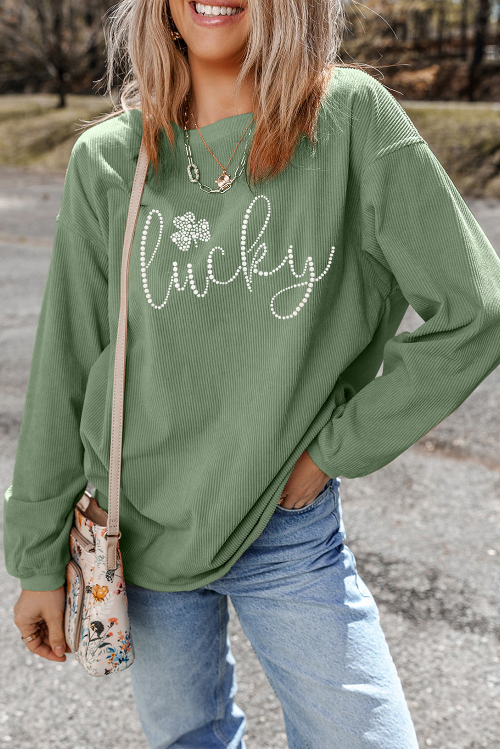 Grass Green Rhinestone lucky Clover Graphic Ribbed St Patrick Sweatshirt-Graphic Sweatshirts-[Adult]-[Female]-2022 Online Blue Zone Planet
