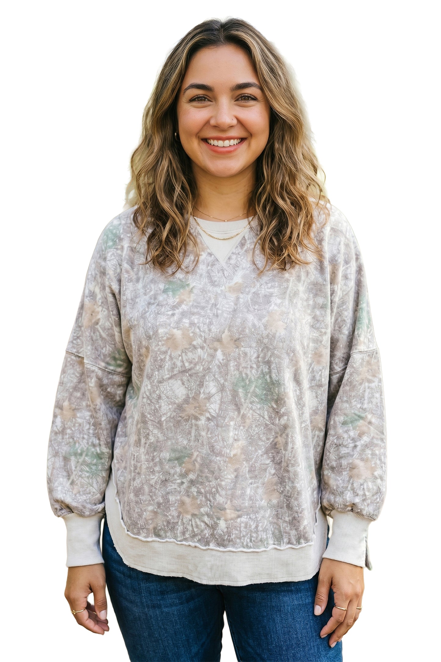 Khaki Camouflage Print Round Neck Long Sleeve Shift Plus Size Sweatshirt-Plus Size/Plus Size Sweatshirts & Hoodies-[Adult]-[Female]-2022 Online Blue Zone Planet