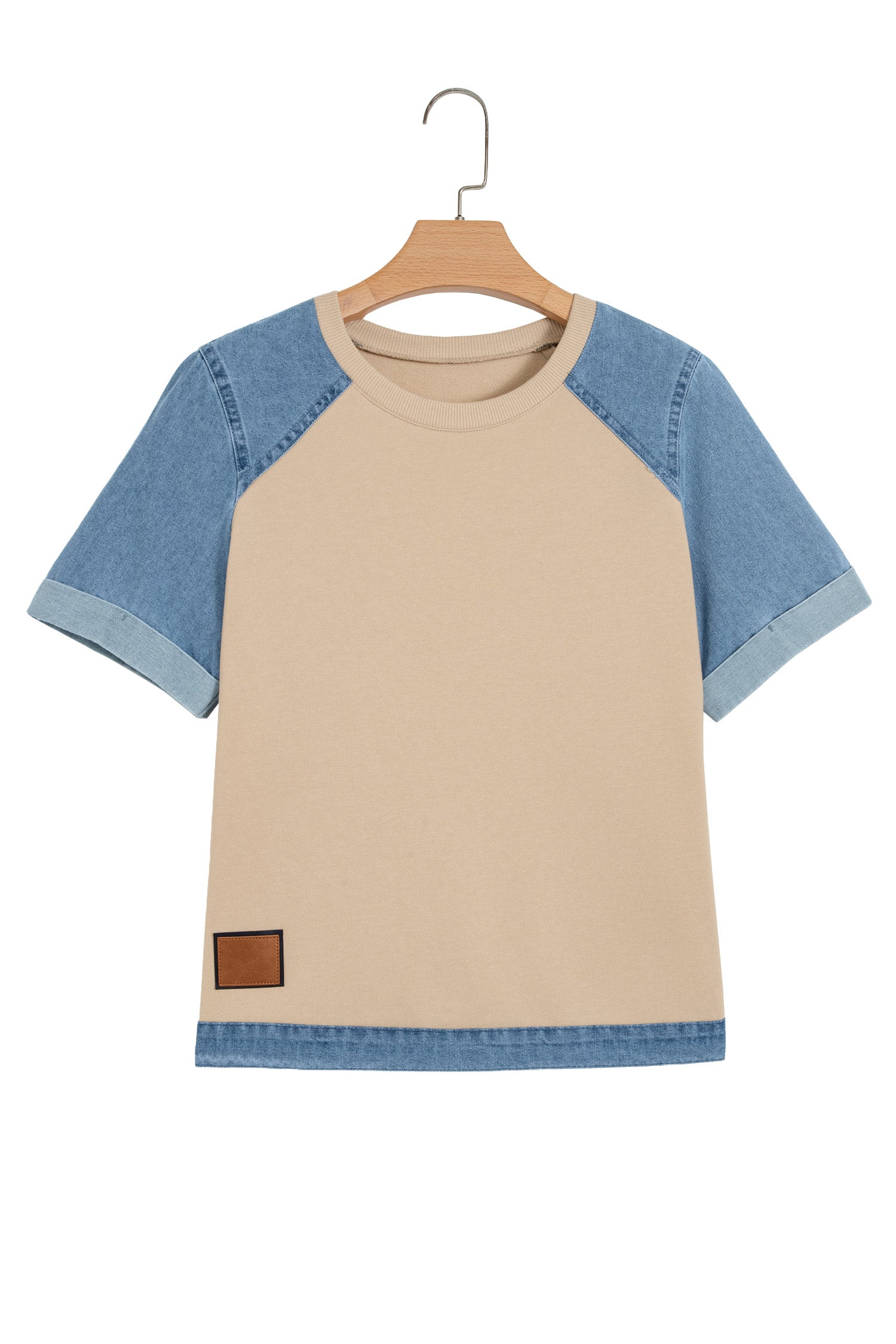 Beige Denim Color Block Patchwork Round Neck Tee-Tops/Tops & Tees-[Adult]-[Female]-2022 Online Blue Zone Planet