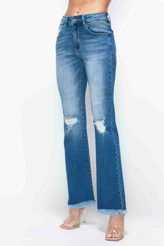 Blue Zone Planet | bytos Full Size Raw Hem Distressed High Rise Bootcut Jeans-BOTTOMS SIZES SMALL MEDIUM LARGE-[Adult]-[Female]-2022 Online Blue Zone Planet