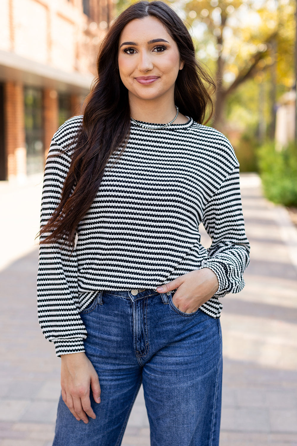 Rose Stripe Round Neck Drop Shoulder Long Sleeve Top-Tops/Long Sleeve Tops-[Adult]-[Female]-2022 Online Blue Zone Planet