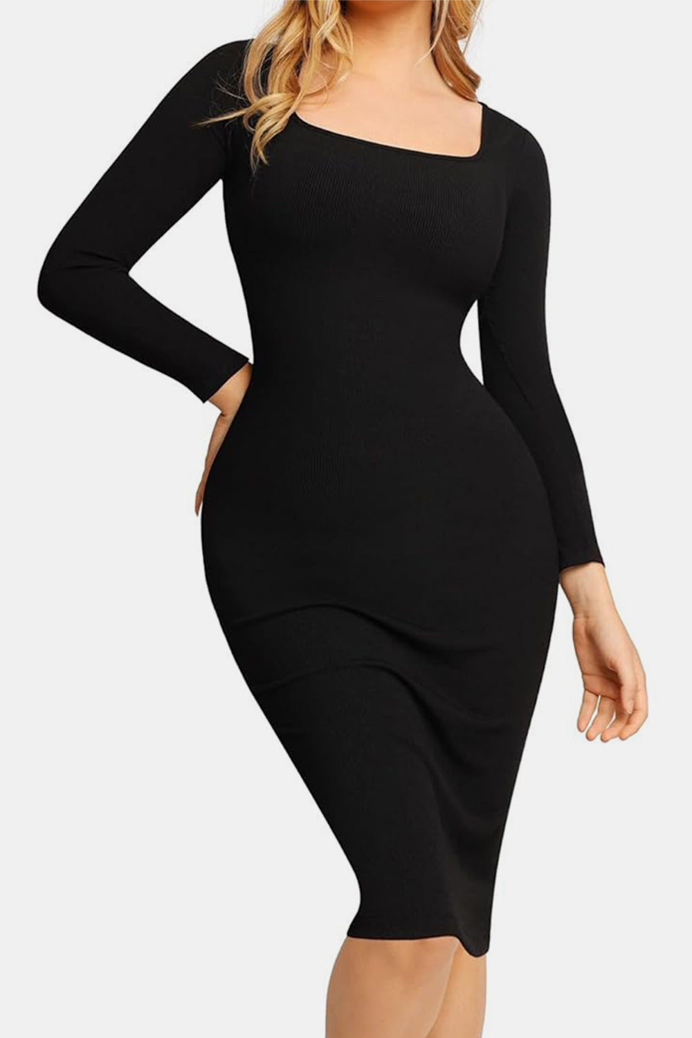 Blue Zone Planet | Basic Bae Full Size Built-In Shapewear Square Neck Long Sleeve Dress-TOPS / DRESSES-[Adult]-[Female]-2022 Online Blue Zone Planet