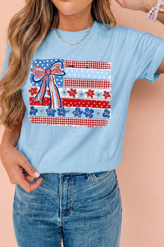 Light Blue Faux Patchwork Printed Coquette American Flag Graphic Tee-Graphic/Graphic Tees-[Adult]-[Female]-Light Blue-S-2022 Online Blue Zone Planet