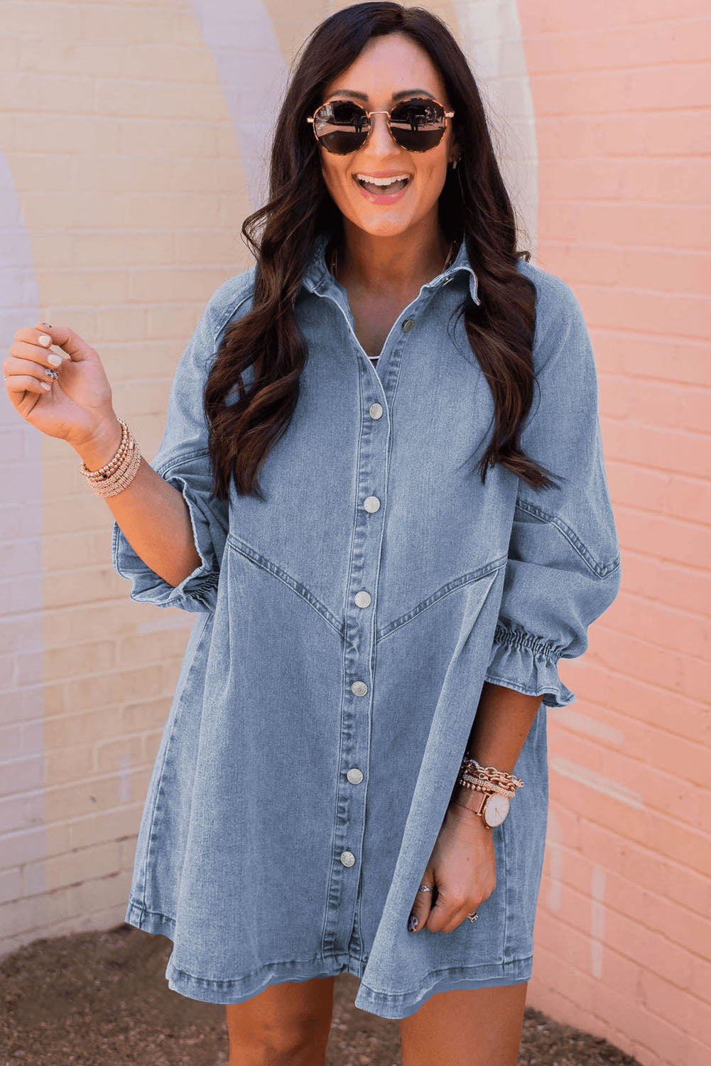 Blue Zone Planet | Sky Blue Buttoned Long Sleeve Denim Mini Dress-TOPS / DRESSES-[Adult]-[Female]-2022 Online Blue Zone Planet