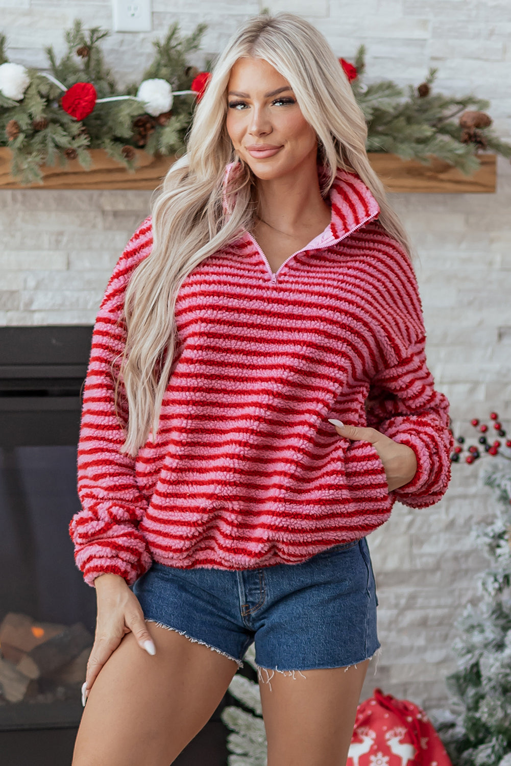 Pink Stripe Quarter Zip Fleece Oversize Sweatshirt-Tops/Sweatshirts & Hoodies-[Adult]-[Female]-2022 Online Blue Zone Planet