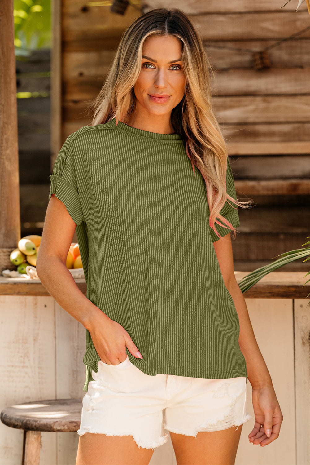 Jungle Green Textured Knit Exposed Stitching T-Shirt-Tops/Tops & Tees-[Adult]-[Female]-Jungle Green-S-2022 Online Blue Zone Planet